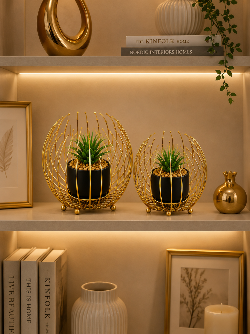 Luxury Gold Metal Wire Planter Set with Artificial Succulents – Modern Tabletop Home Décor (Set of 2)