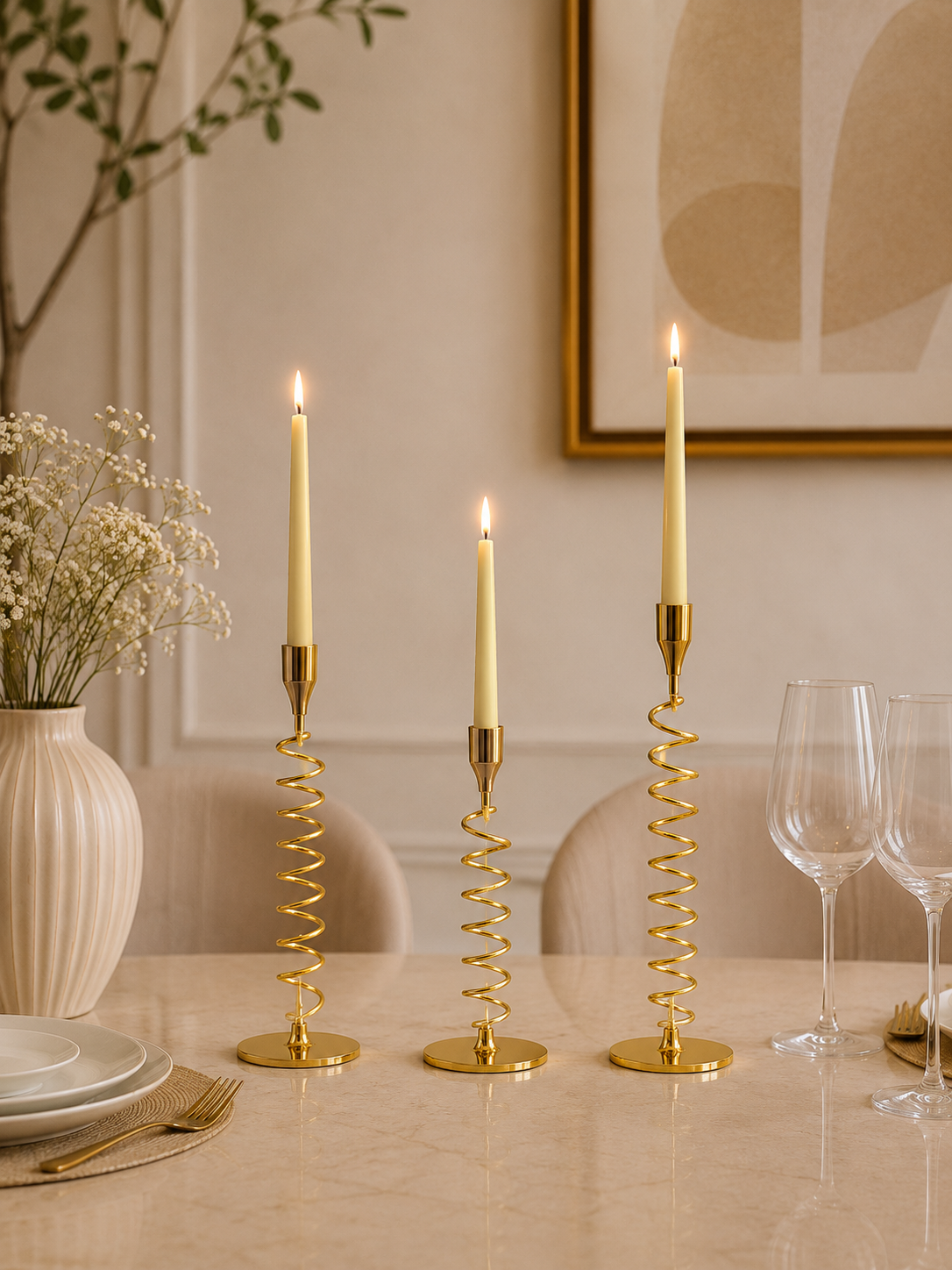 Luxury Gold Spiral Metal Taper Candle Holder Set of 3 – Modern Decorative Candlestick Stand