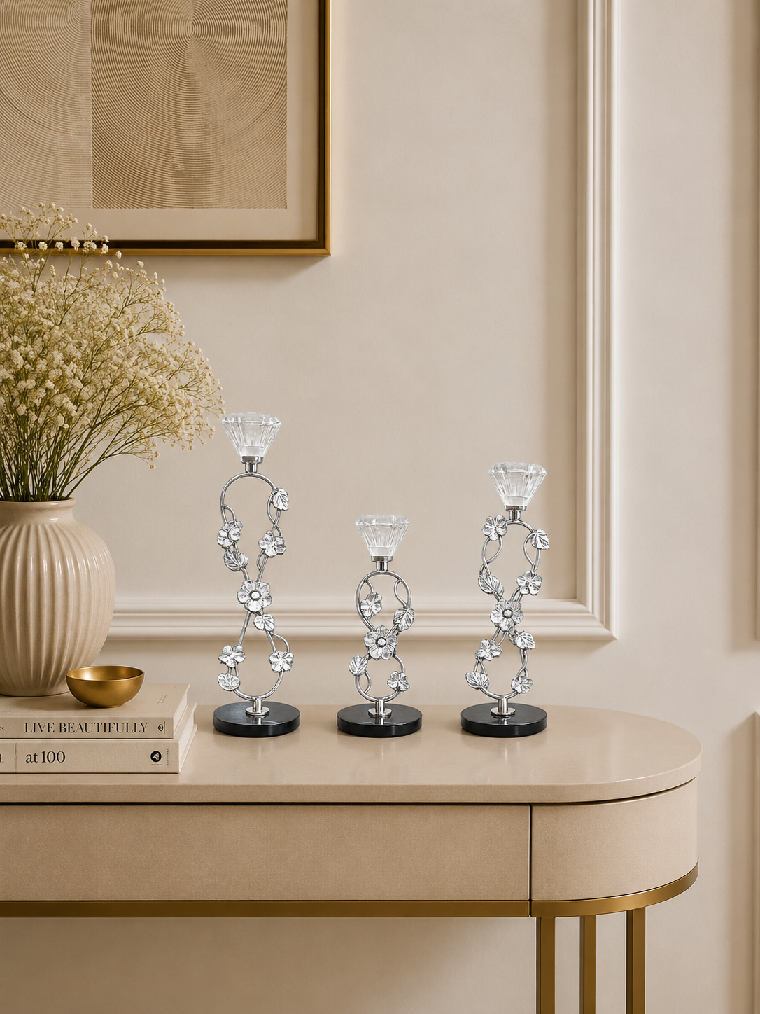 Elegant Silver Floral Crystal Taper Candle Holder Set of 3 – Decorative Metal Candlestick Stand