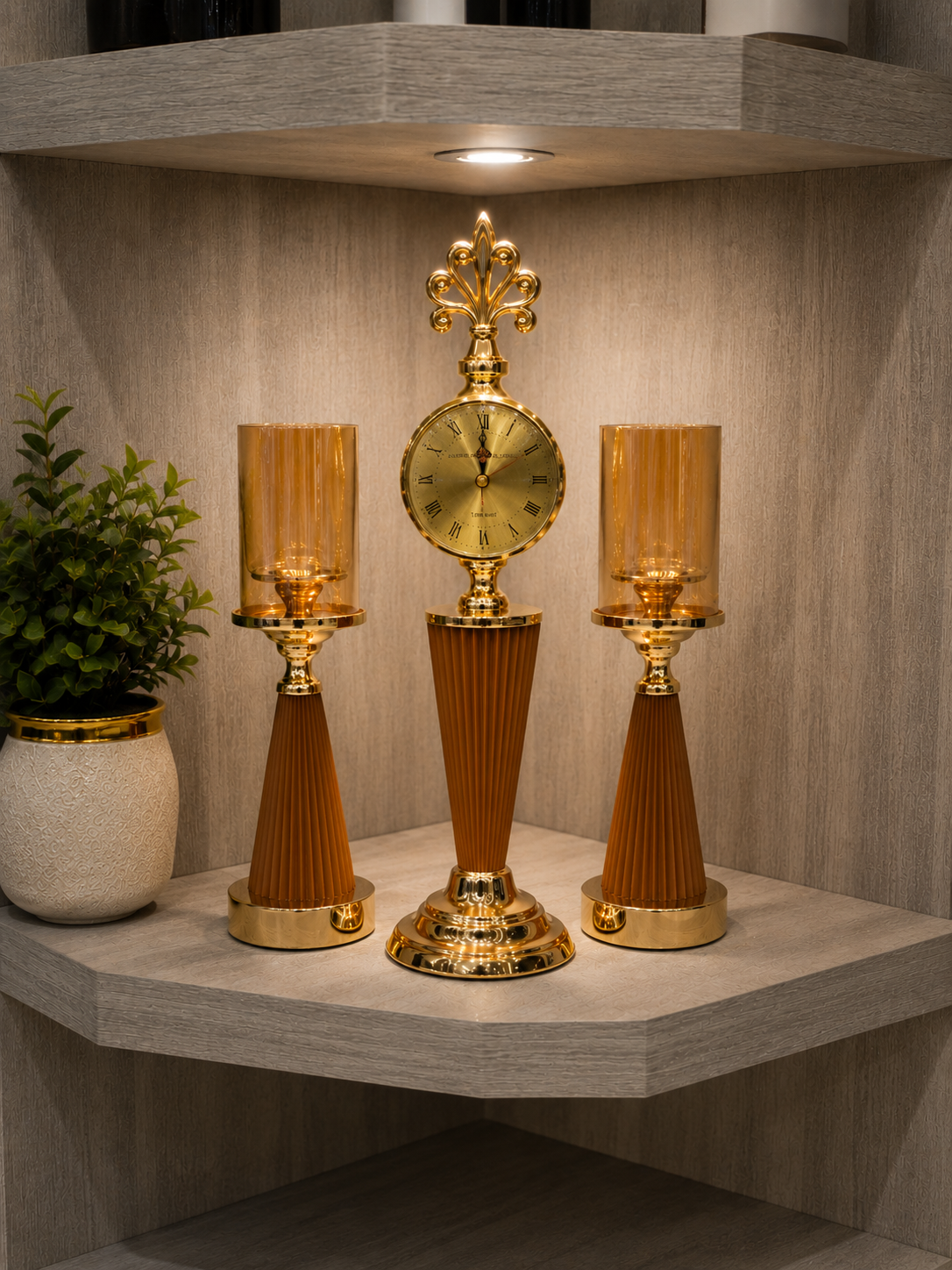 Brown & Gold — 3-Piece Luxury Clock & Candle Holder Set