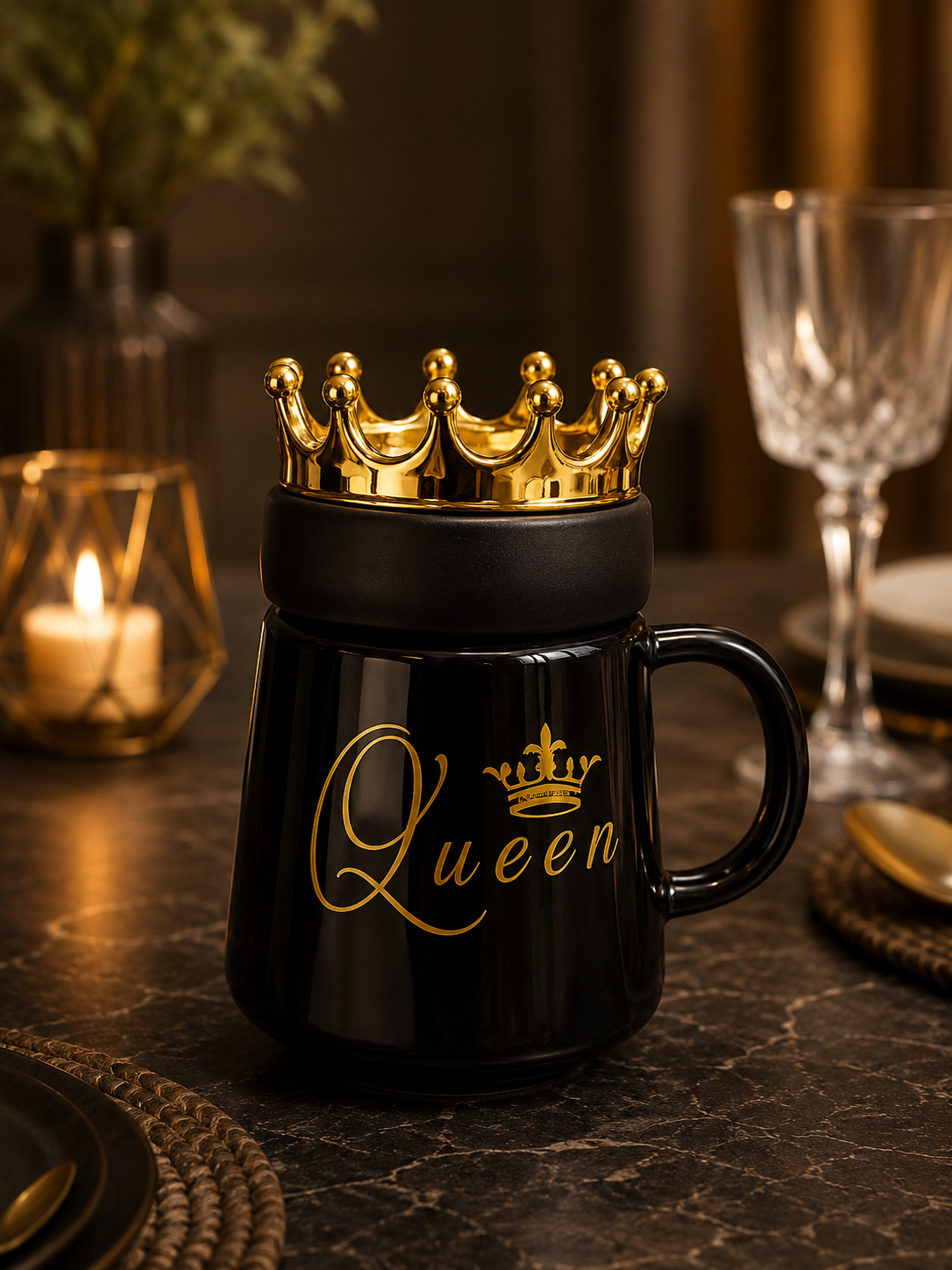 Royal Gold Crown Lid Ceramic Mug – Elegant Queen Coffee Cup with Handle