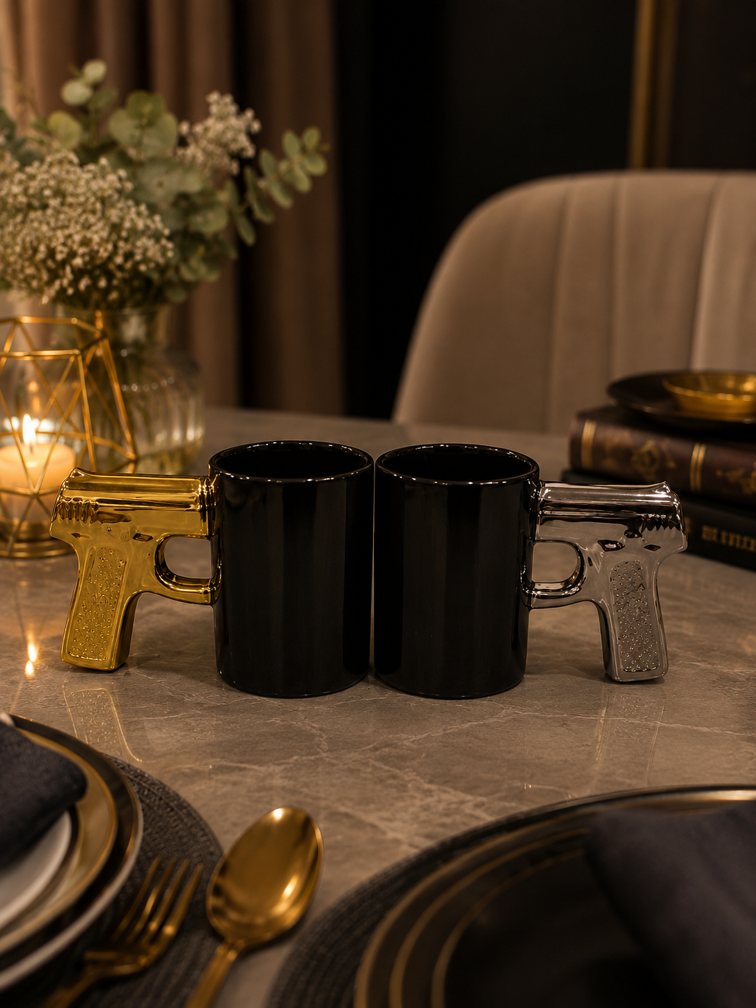 3D Metallic Handgun Handle Ceramic Coffee Mug – Sleek Black Tea Cup