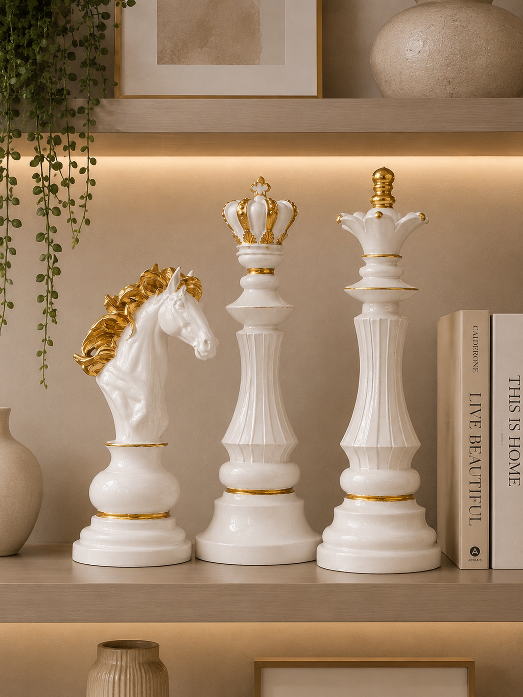 Luxury Chess Piece Sculpture Set – White & Gold Resin Decorative Chess Ornaments (King, Queen & Knight)