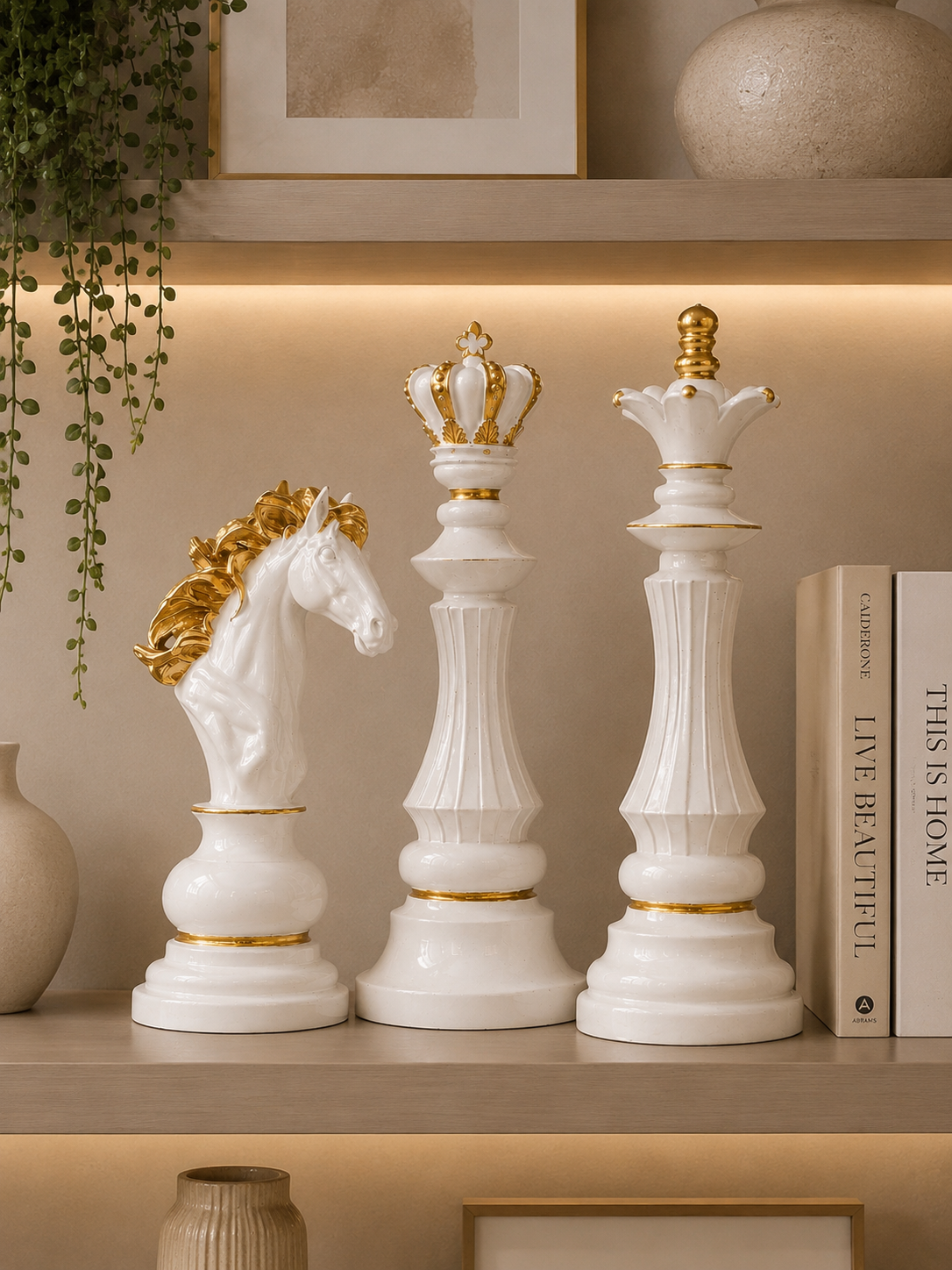 Luxury Chess Piece Sculpture Set – White & Gold Resin Decorative Chess Ornaments (King, Queen & Knight)