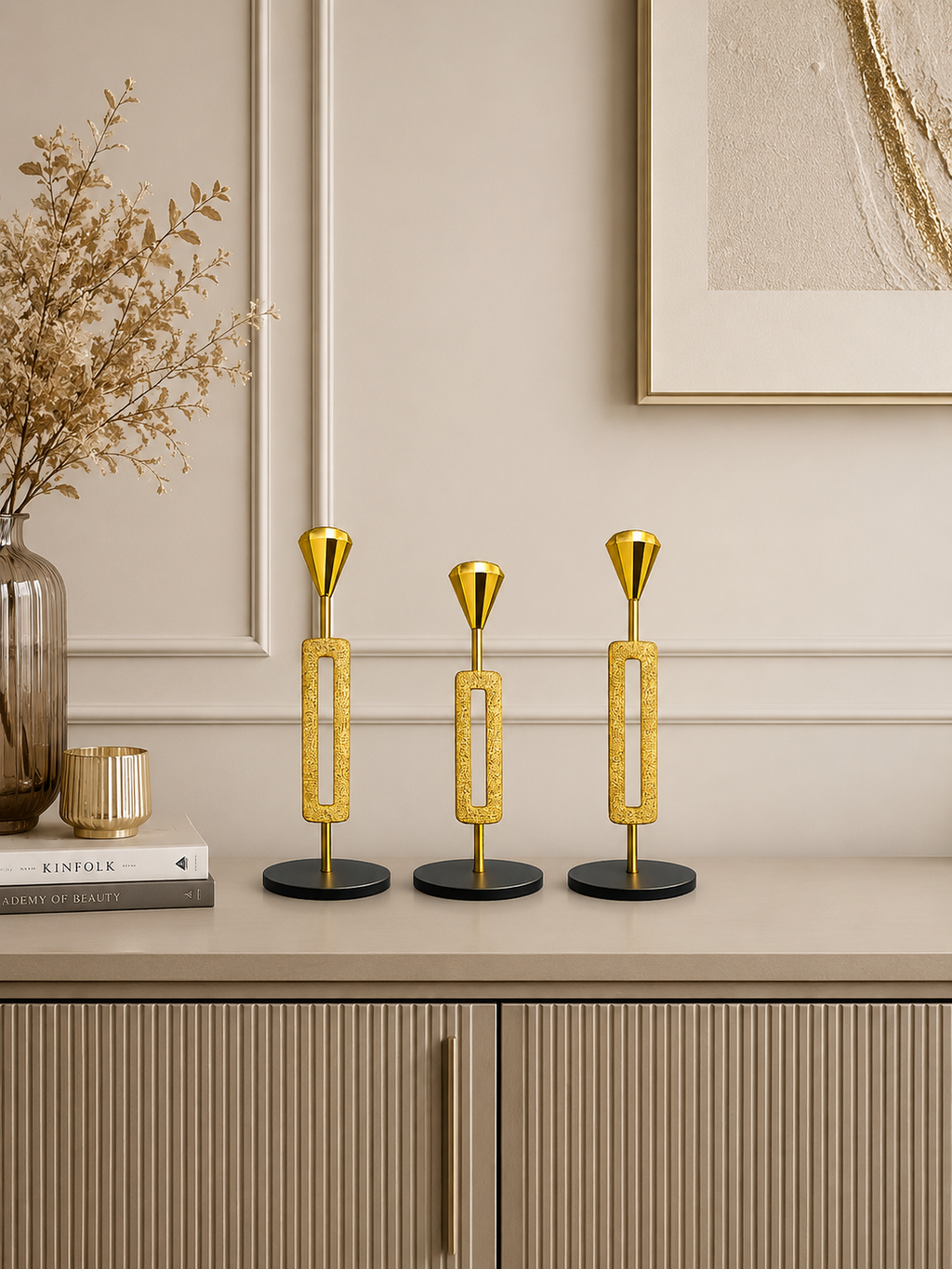 Luxury Gold Metal Candle Holder Set – Modern Decorative Taper Candle Stand (Set of 3)
