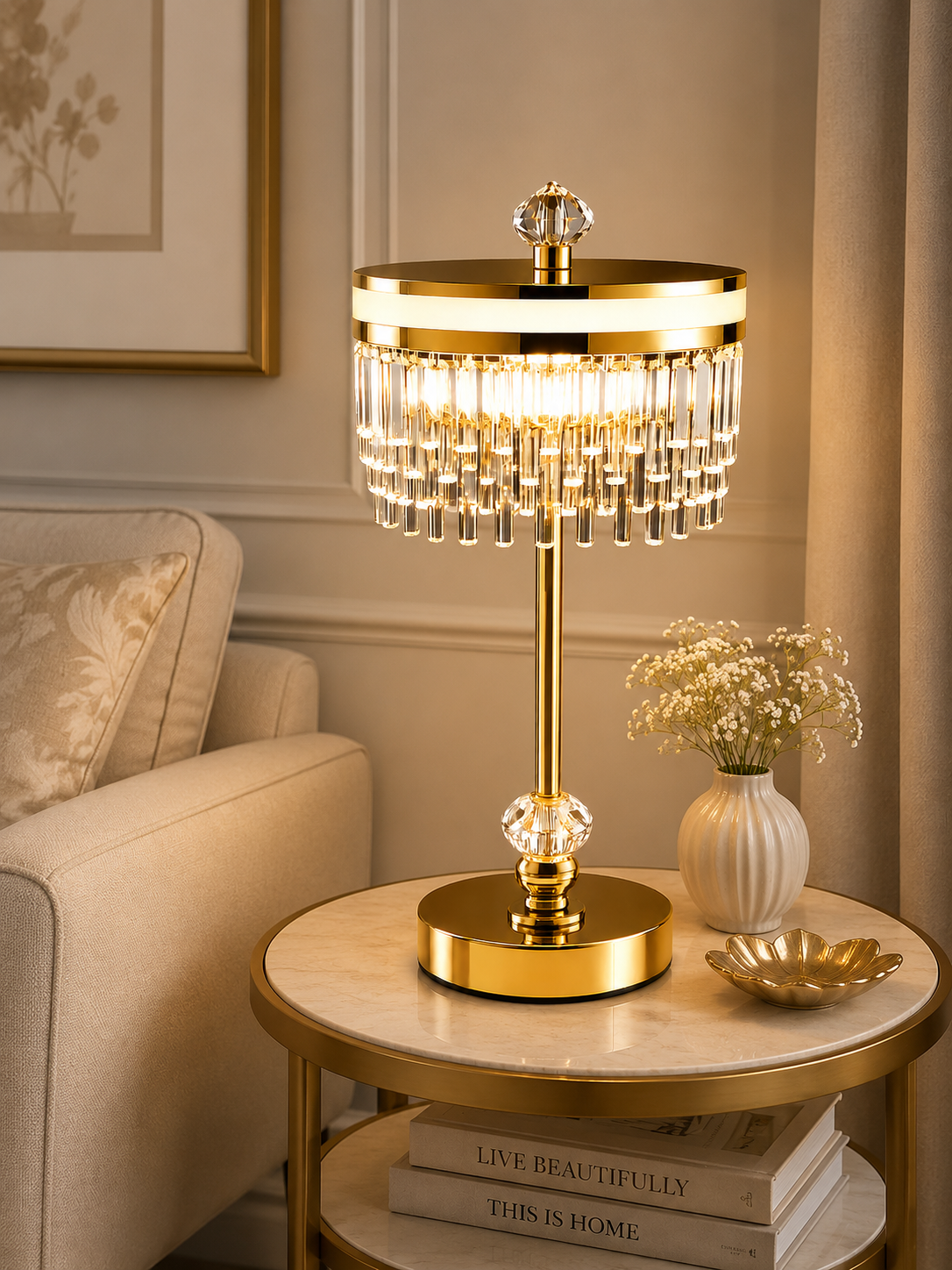 Luxury Crystal LED Table Lamp | Gold Metal & Crystal Acrylic Bedside Lamp | Modern Decorative Accent Light