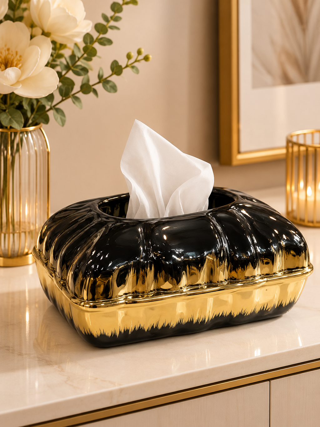 Luxury Black & Gold Tissue Box Cover – Decorative Resin Tissue Holder for Living Room & Office