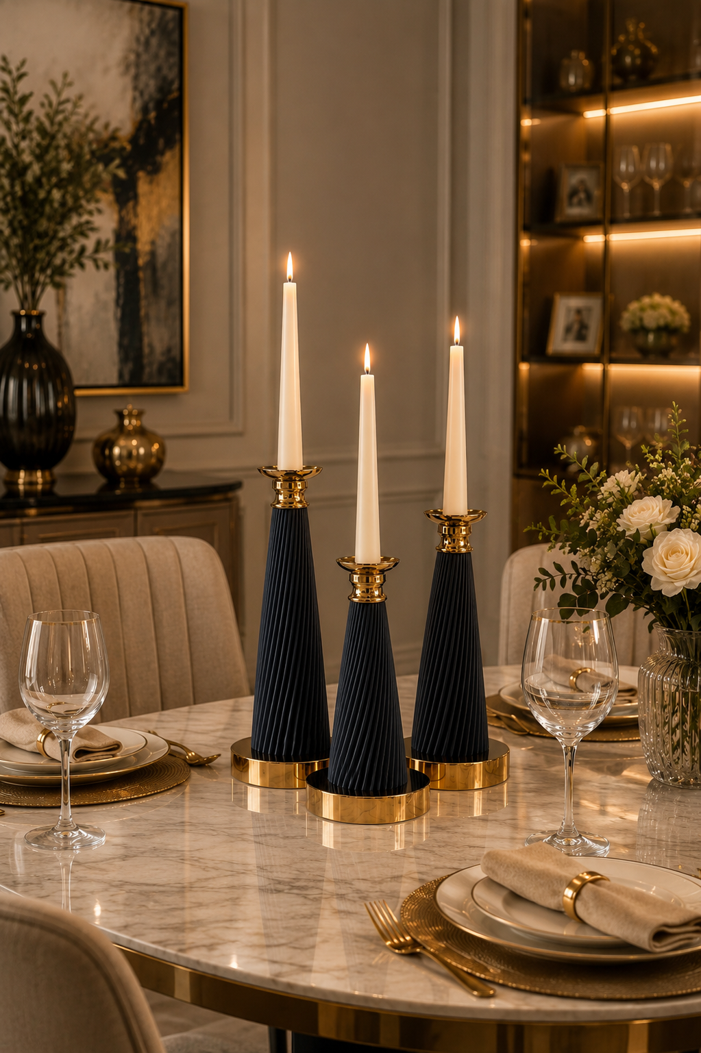 Luxury 3-Piece Black & Gold Ribbed Candle Holder Set | Modern Decorative Taper Candle Stands | Resin Candlestick Set