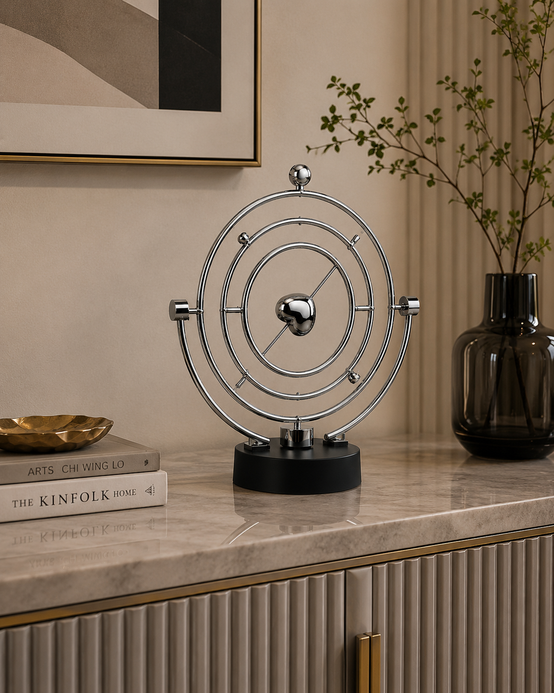 Modern Kinetic Orbital Sculpture – Rotating Metal Desk Decor for Home & Office