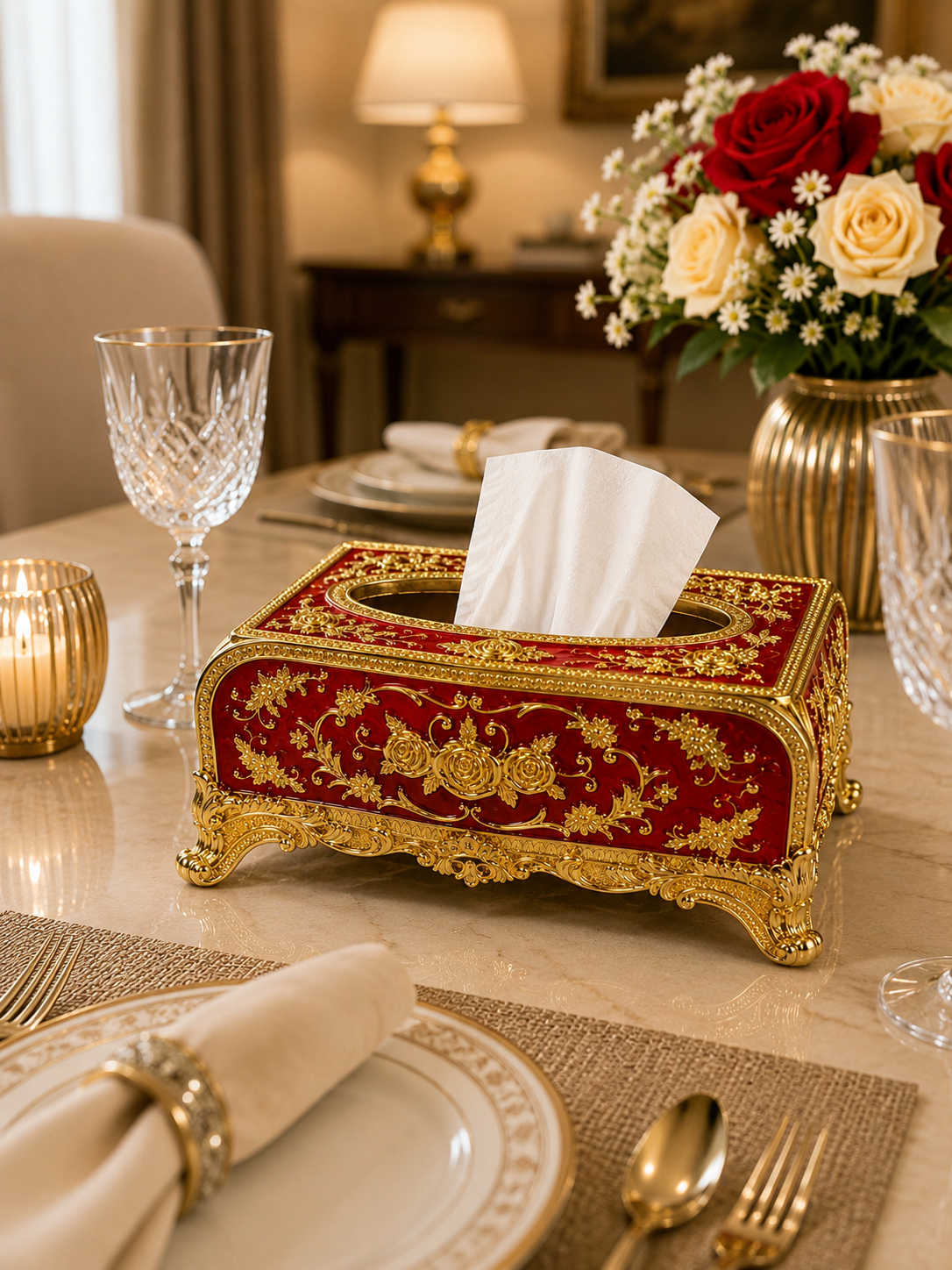 Luxury Vintage Metal Tissue Box Holder | European Floral Decorative Tissue Case