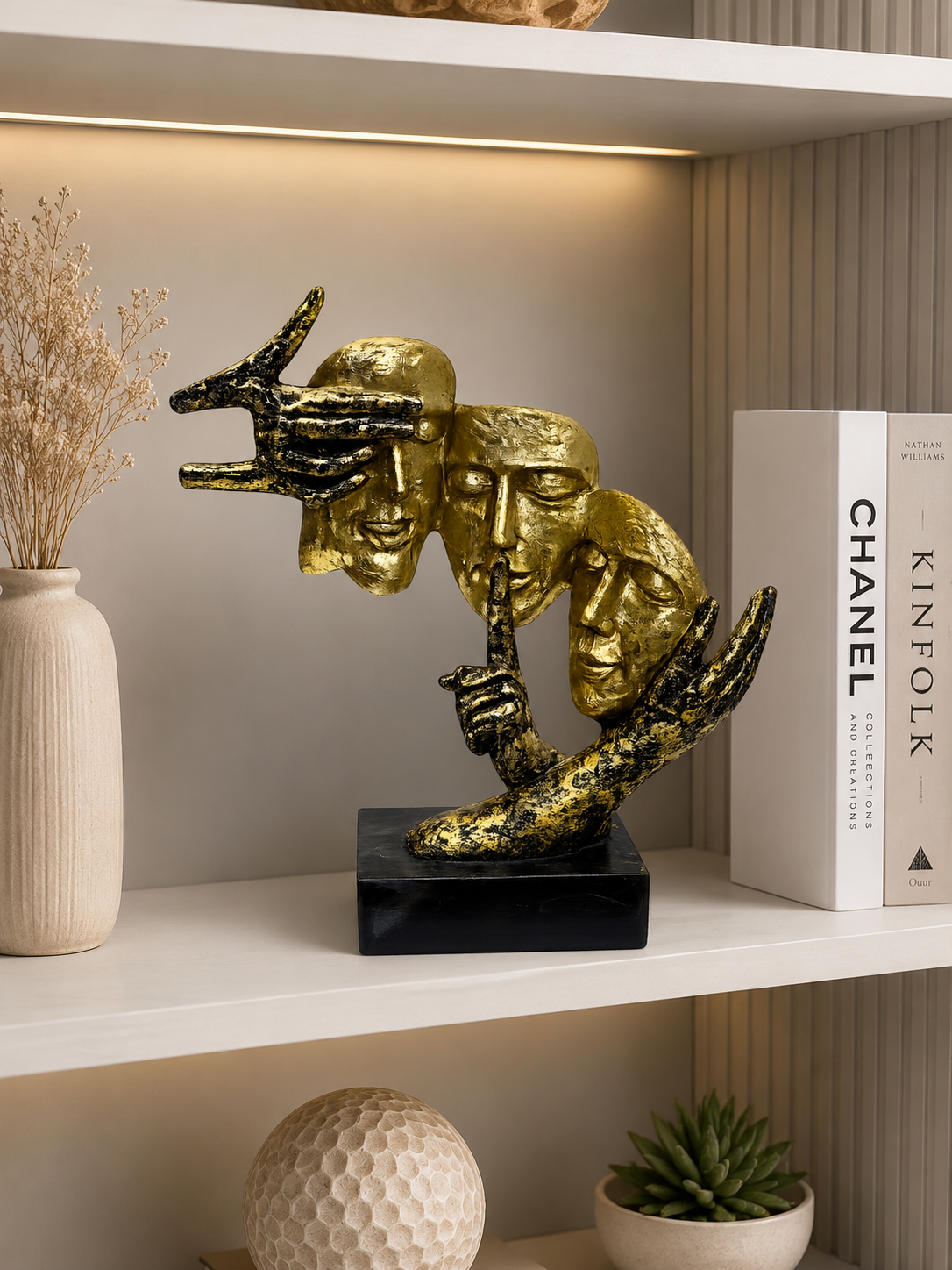 Abstract Three Faces Thinker Sculpture | Modern Gold Resin Art Statue | Luxury Home Décor Accent
