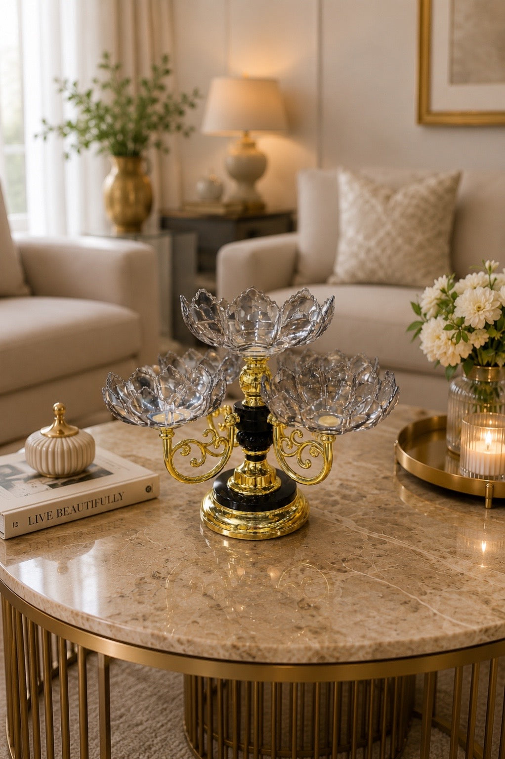 Luxury 4 Bowl Acrylic Dry Fruit Serving Tray with Gold Metal Stand – Modern Snack & Candy Organizer for Dining Table
