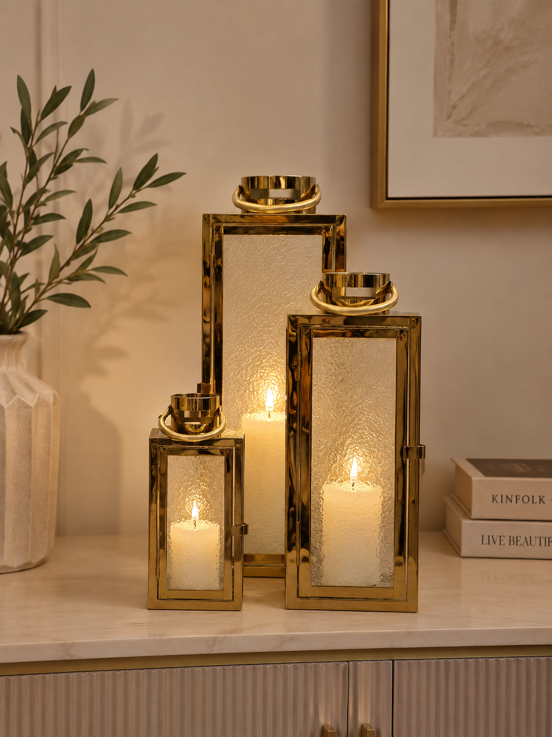 Luxury Gold Metal Lantern Set of 3 | Modern Decorative Candle Holders