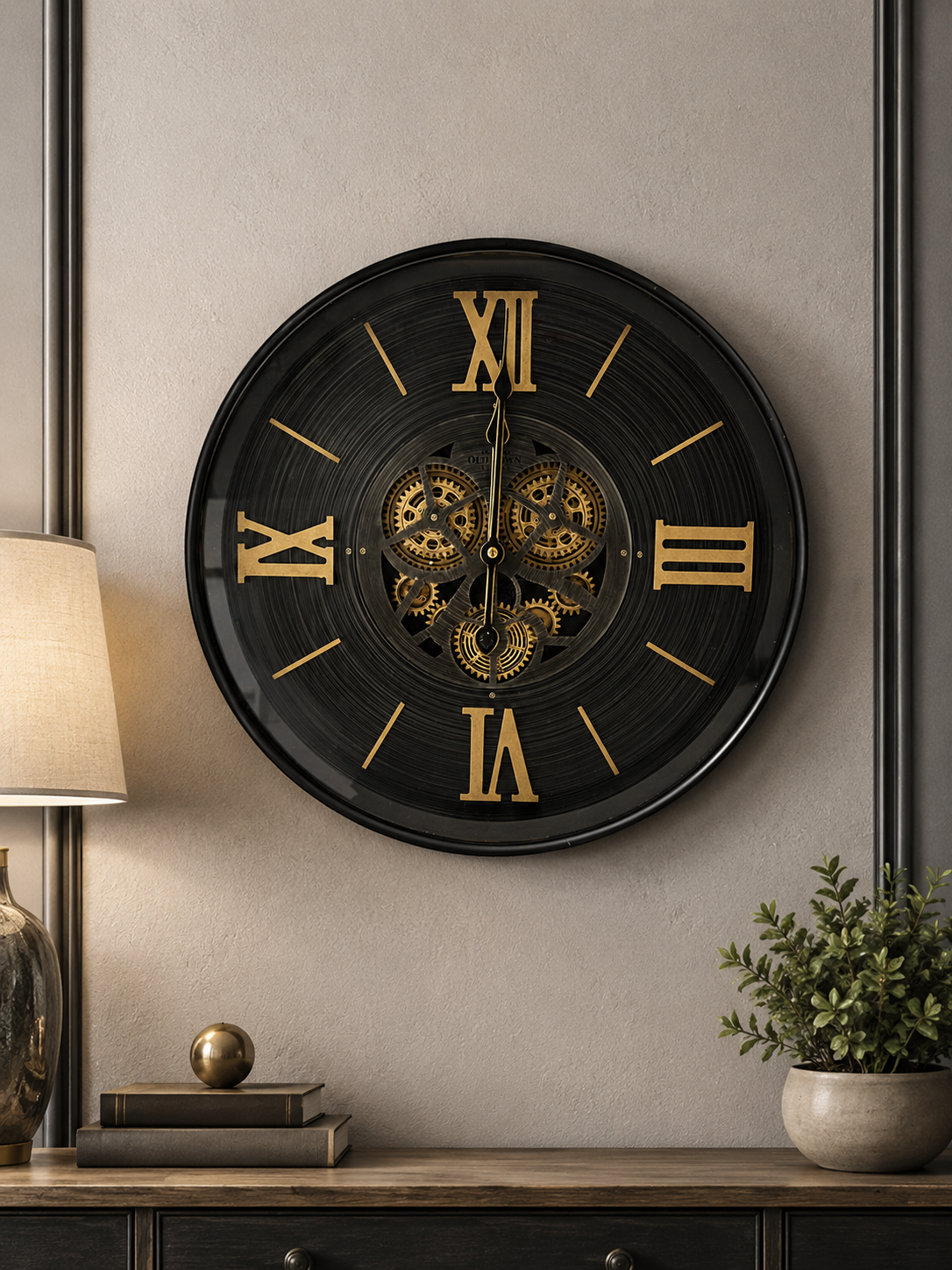Luxury Black & Gold Roman Numeral Wall Clock with Exposed Gear Mechanism