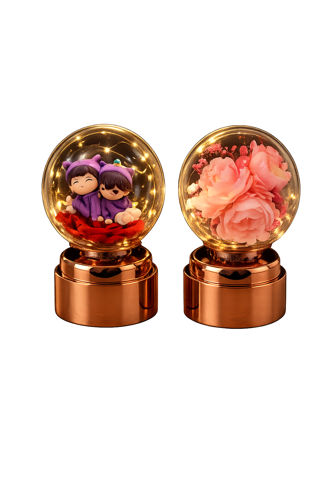 Enchanted Couple & Blossom Acrylic Globe Lamp – Rose Gold Base LED Ambiance Light