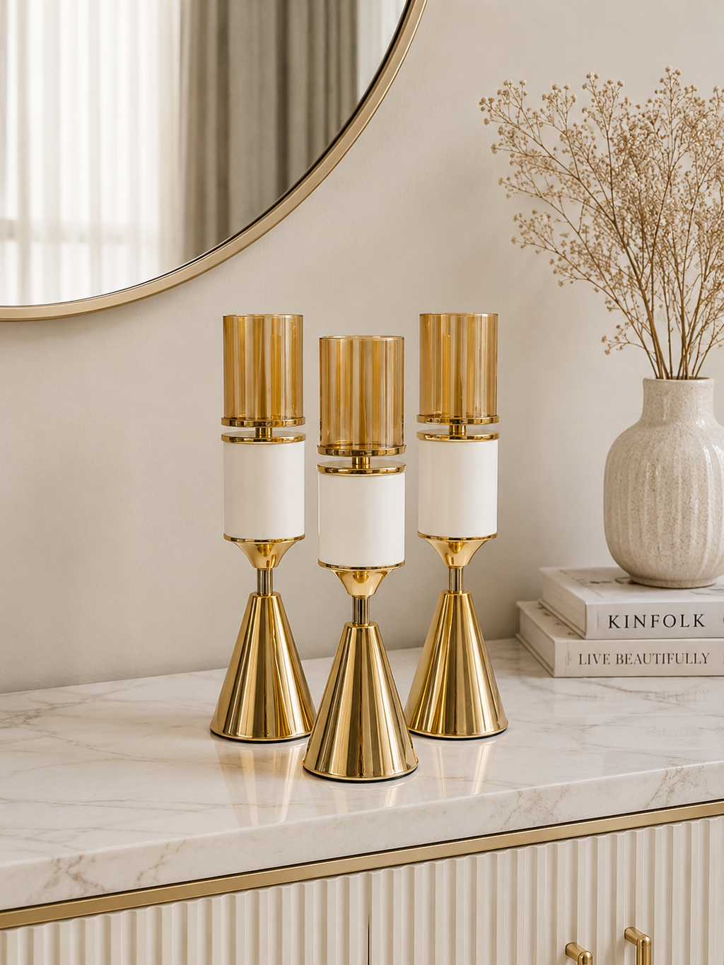 Luxury 3-Piece Gold & White Hurricane Candle Holder Set | Modern Metal & Glass Candle Stands | Elegant Table Centerpiece