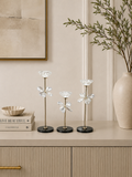 Luxury Crystal Flower Candle Holder Set (3 Pieces) | Gold & Black Decorative Taper Candle Stands