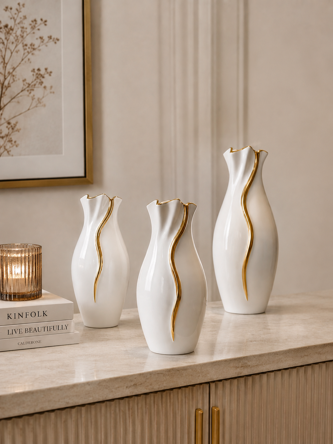 Luxury White Golden Resin Vase Set of 3 | Modern Decorative Flower Vases with Gold Accent | Home Décor