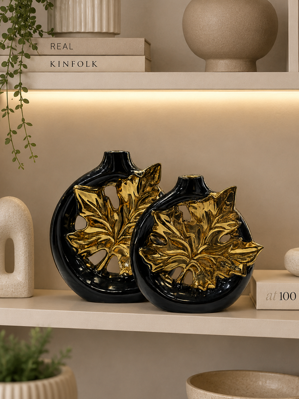 Modern Black & Gold Leaf Decorative Vase Set | Luxury Resin Flower Vase Set of 2 for Home Décor