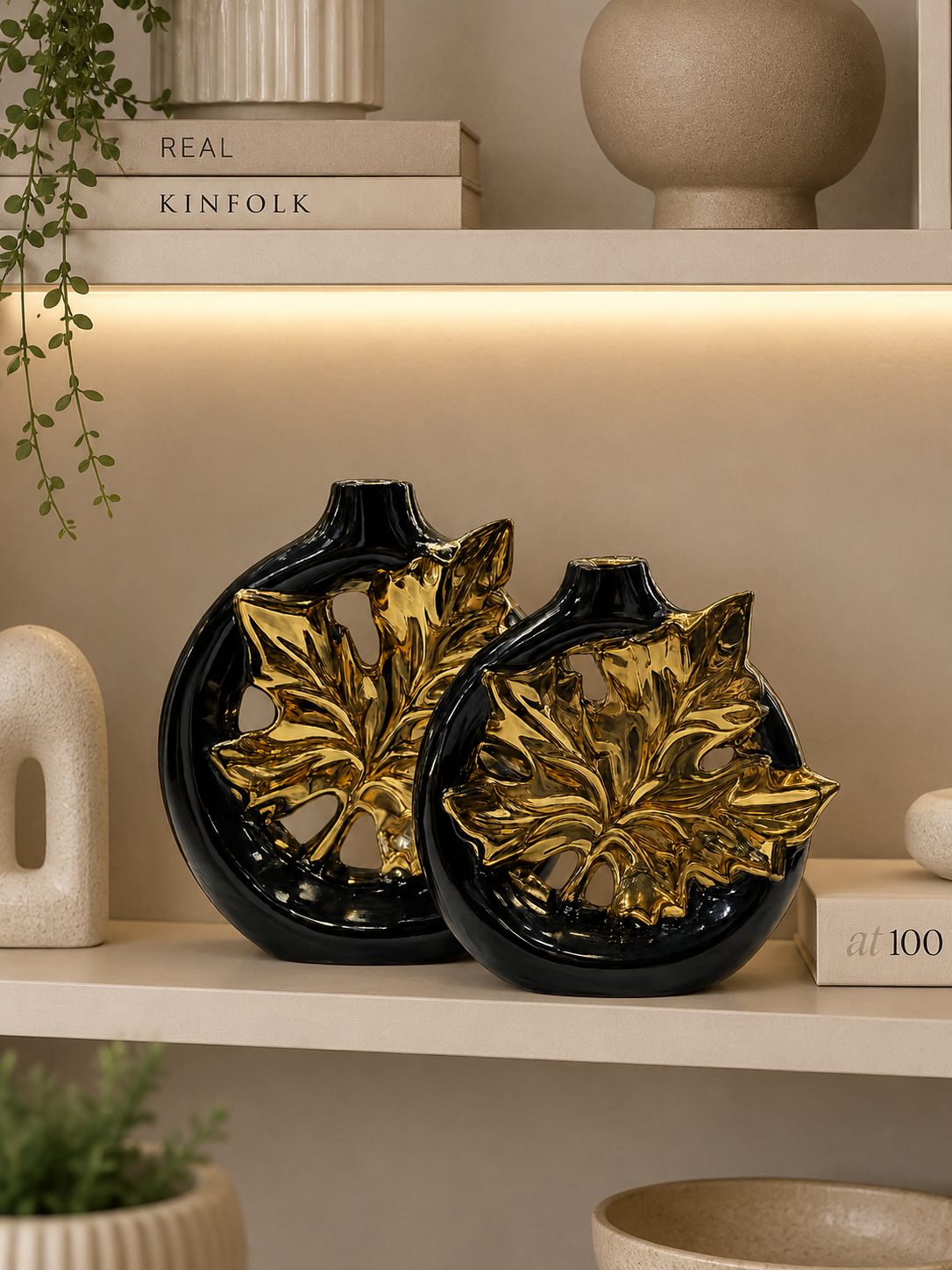 Modern Black & Gold Leaf Decorative Vase Set | Luxury Resin Flower Vase Set of 2 for Home Décor