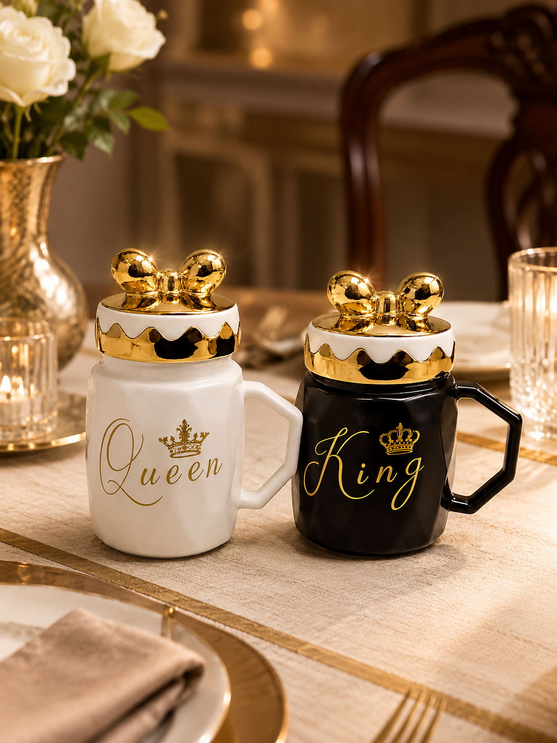 Royal Gold Crown Lid Ceramic Mug – Elegant Queen Coffee Cup with Handle