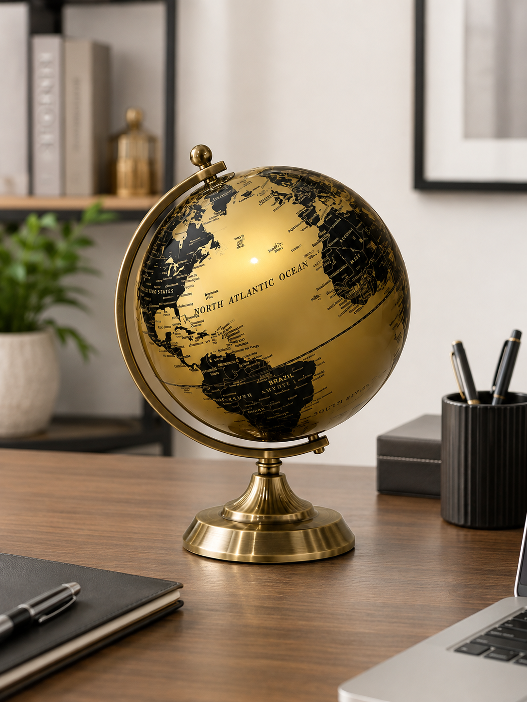 Premium Rotating World Globe – Luxury Gold & Black Tabletop Globe