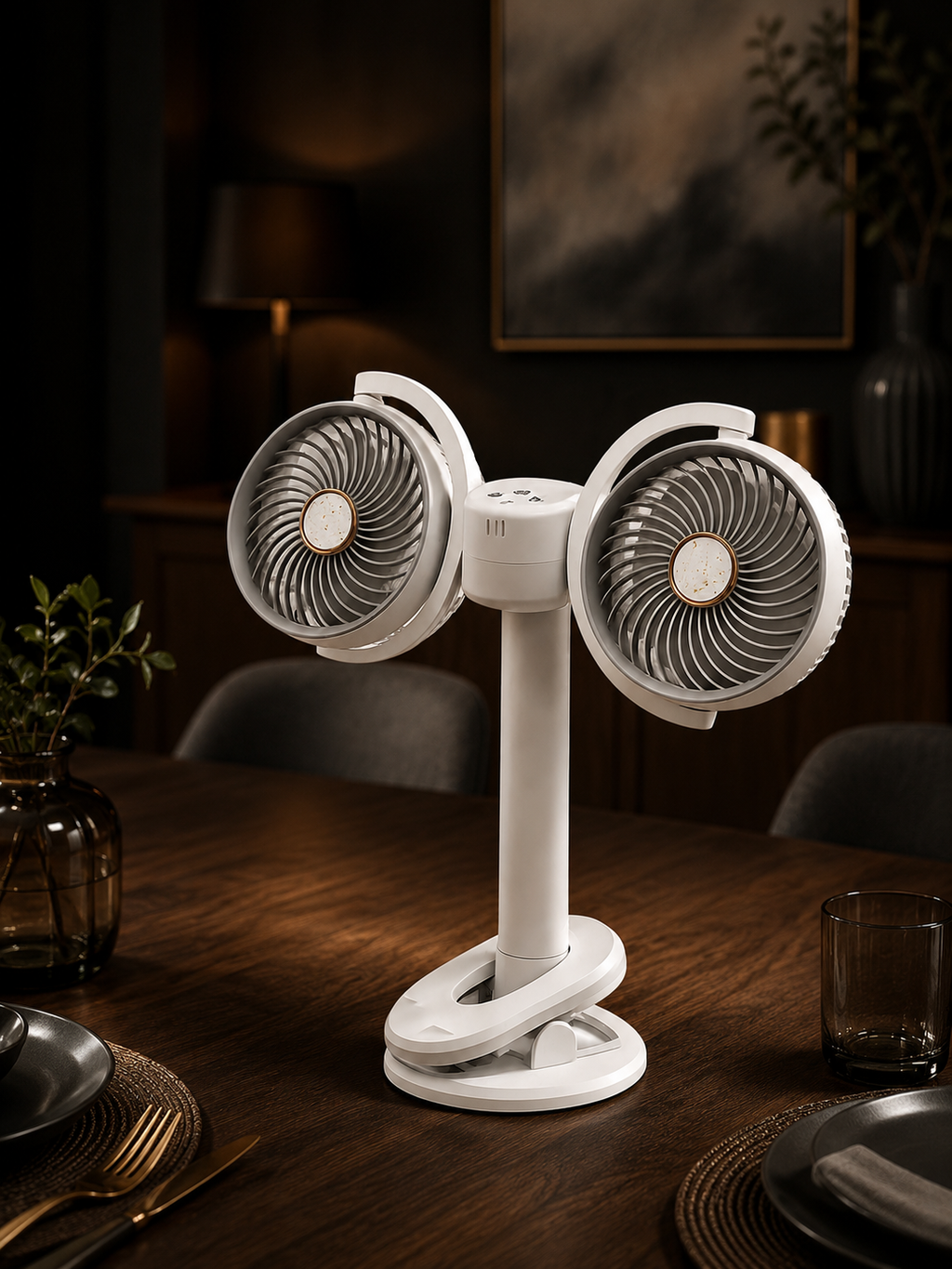 360° Dual Head Desktop Clip Fan – Portable USB Rechargeable Cooling Fan for Home & Office