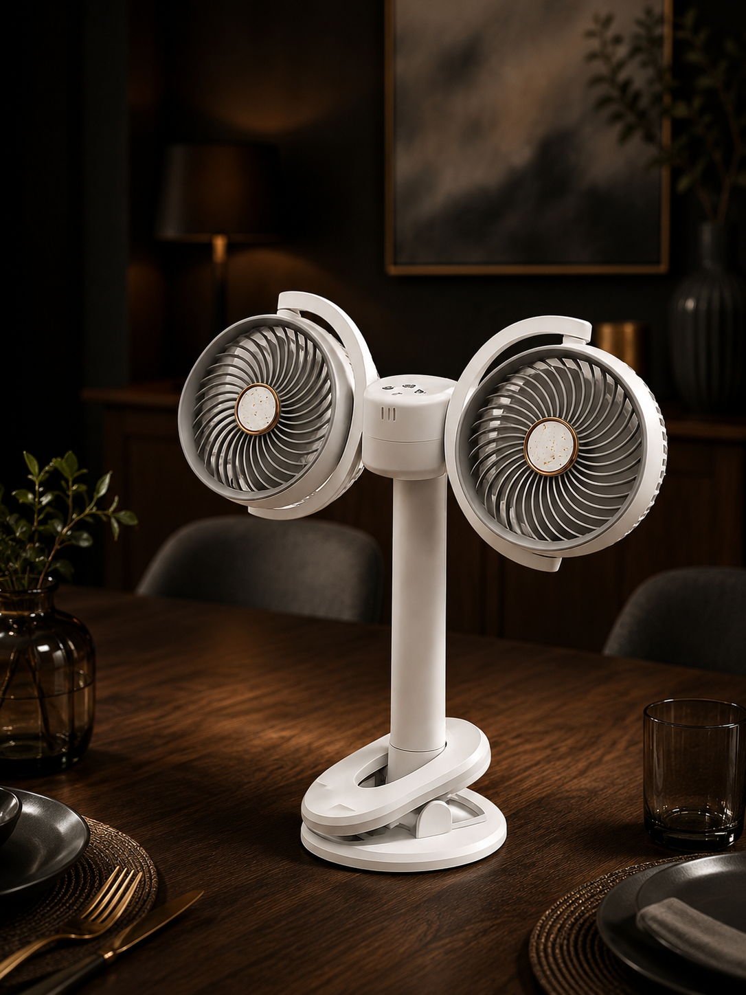 360° Dual Head Desktop Clip Fan – Portable USB Rechargeable Cooling Fan for Home & Office