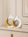 Modern White & Gold Ceramic Vase Set | Hollow Decorative Donut Vases | Luxury Home Décor (Set of 2)