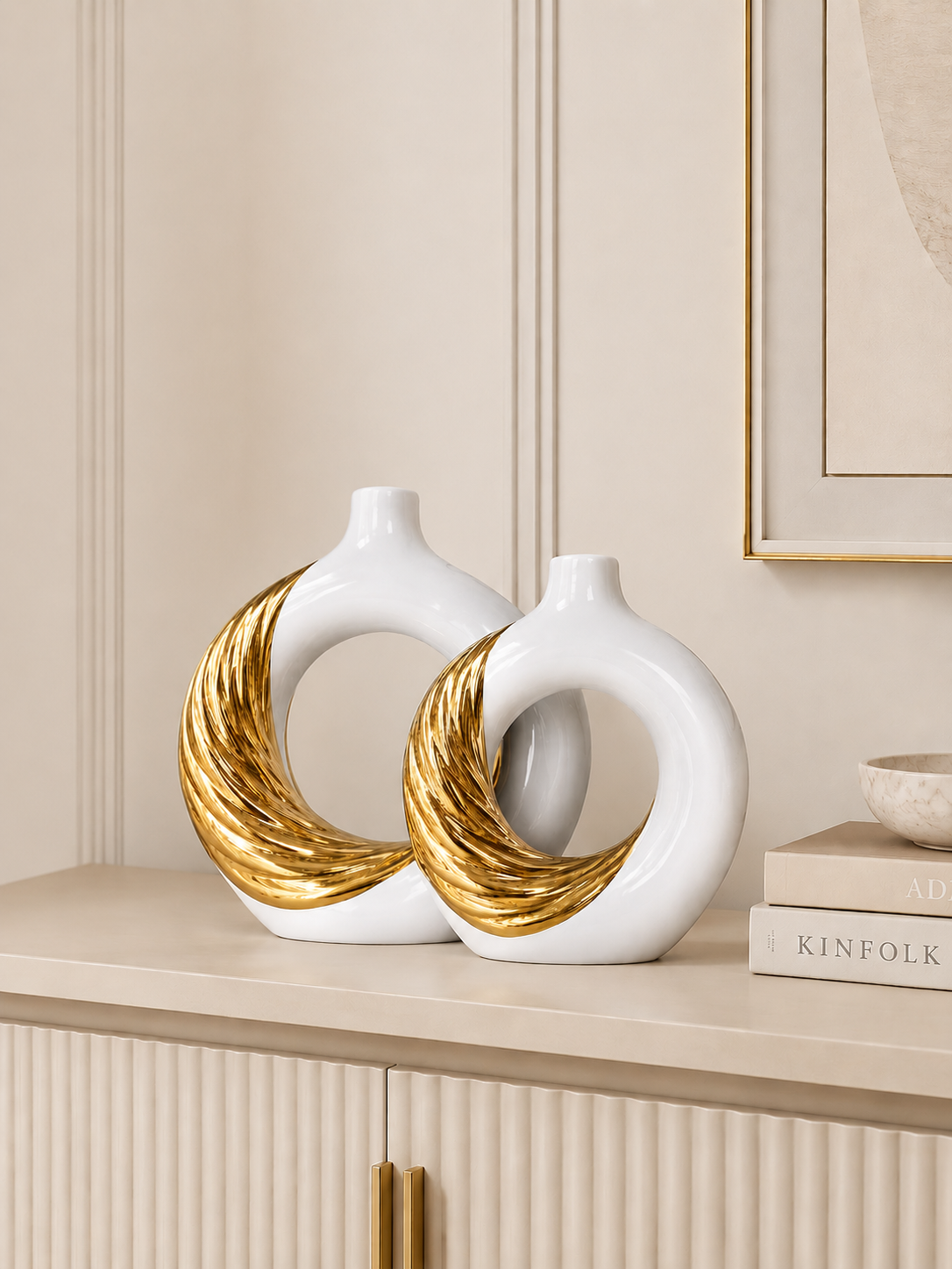Modern White & Gold Ceramic Vase Set | Hollow Decorative Donut Vases | Luxury Home Décor (Set of 2)