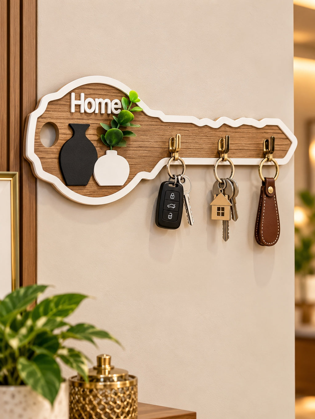 Decorative Wooden Key Holder – Home Wall-Mounted Key Rack with 3 Hooks
