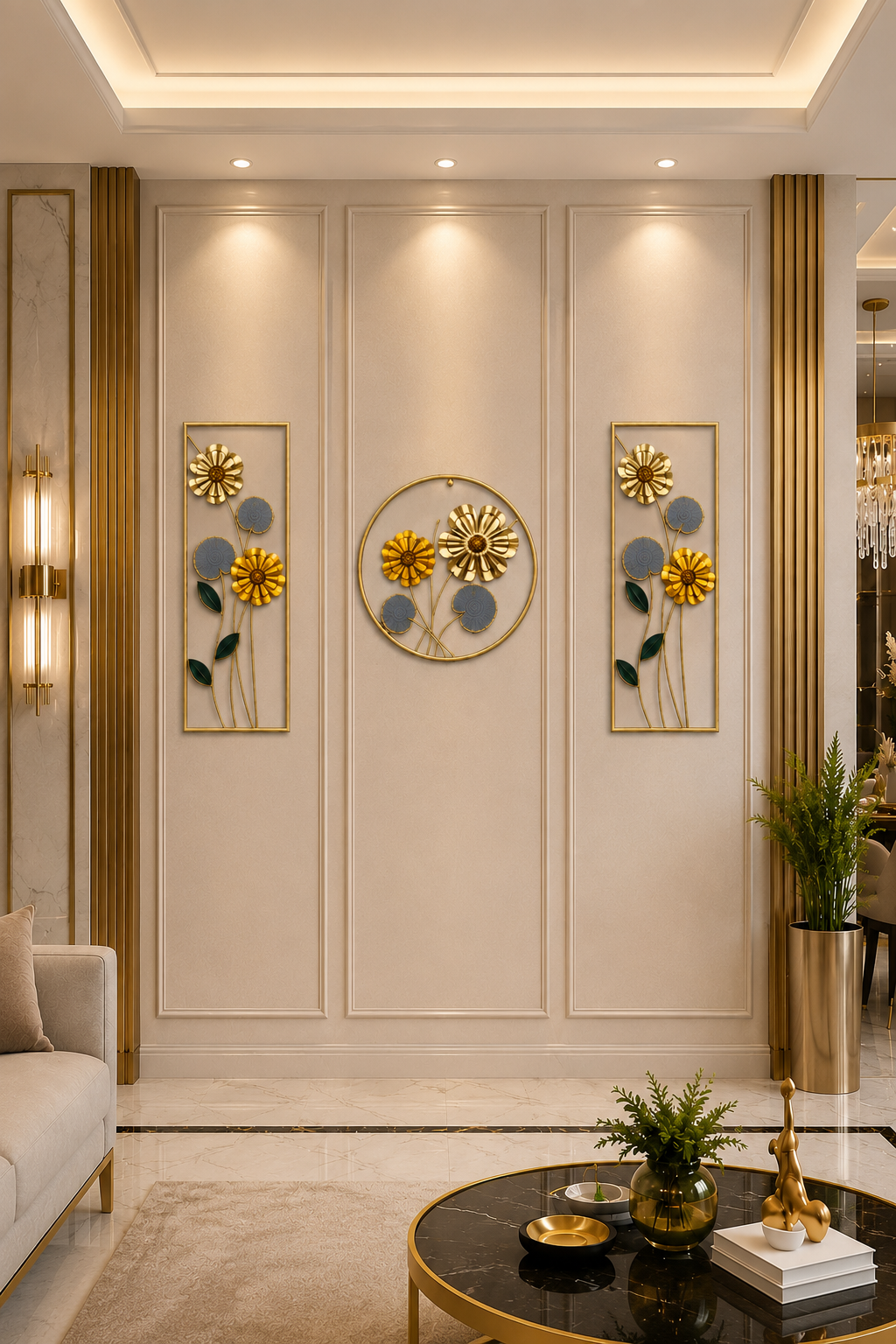 Luxury 3-Piece Metal Floral Wall Art Set | Gold Flower Wall Decor for Living Room, Bedroom & Hallway