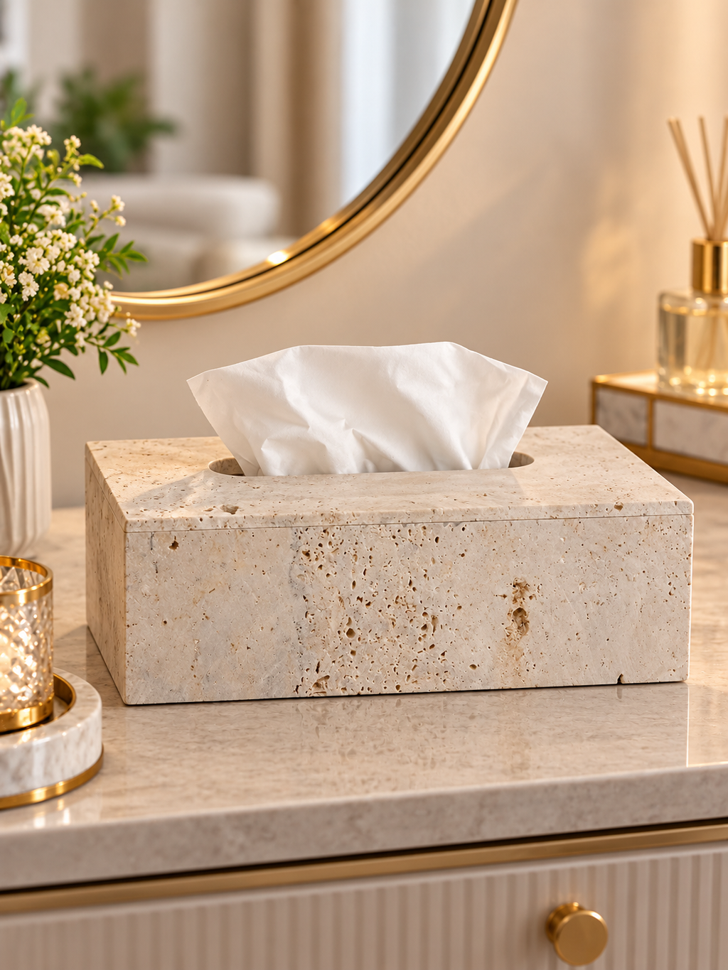 Luxury Beige Stone-Texture Tissue Box Cover – Elegant Modern Tabletop Décor