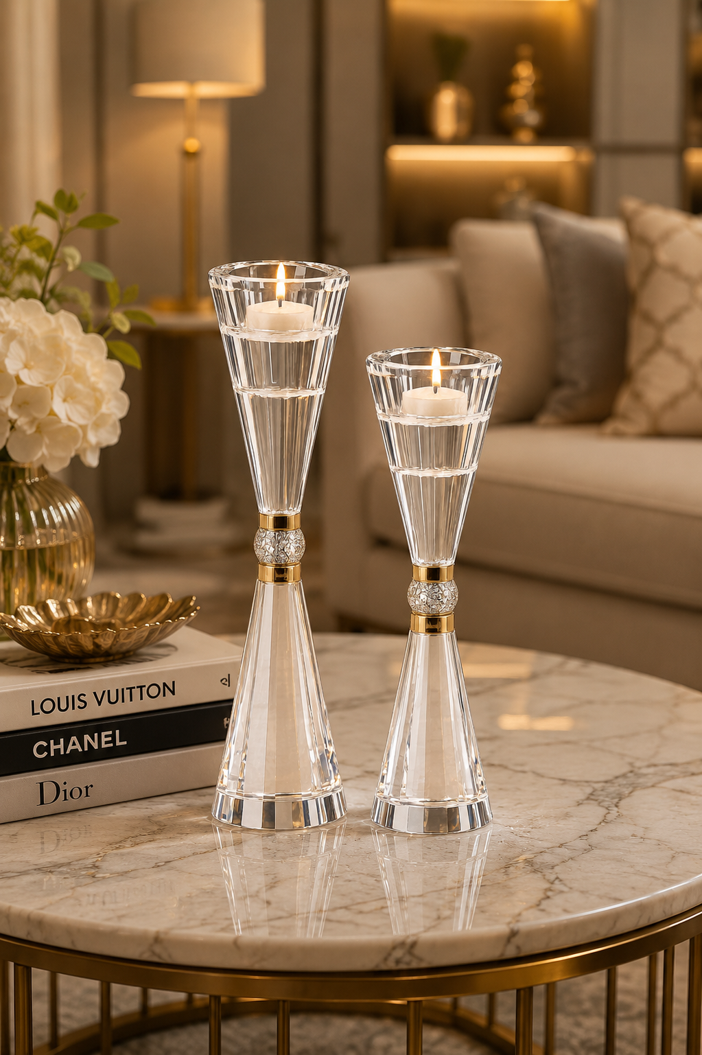Luxury Crystal Glass Candle Holder Set | Modern Tealight Candle Stand | Elegant Table Centerpiece | Set of 2