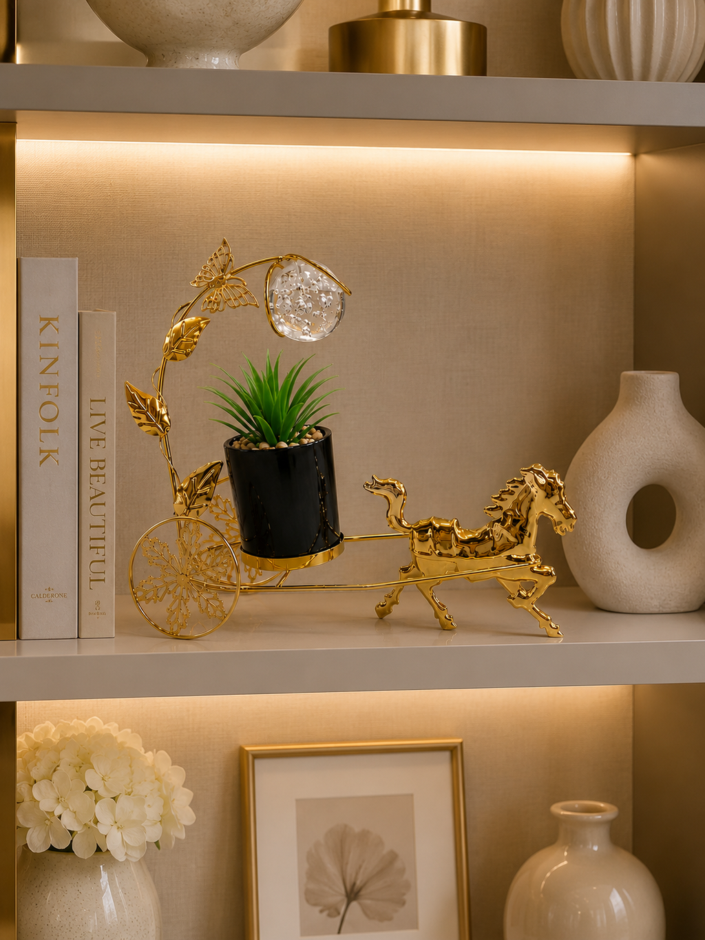 Luxury Gold Horse Planter with Crystal Globe – Decorative Tabletop Planter