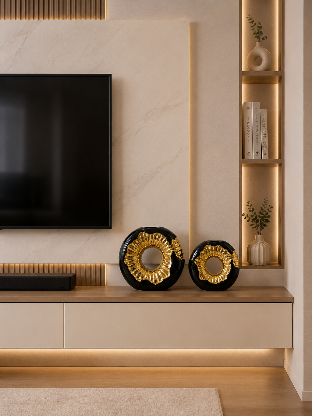 Luxury Black & Gold Round Decorative Vase Set – 2 Pieces