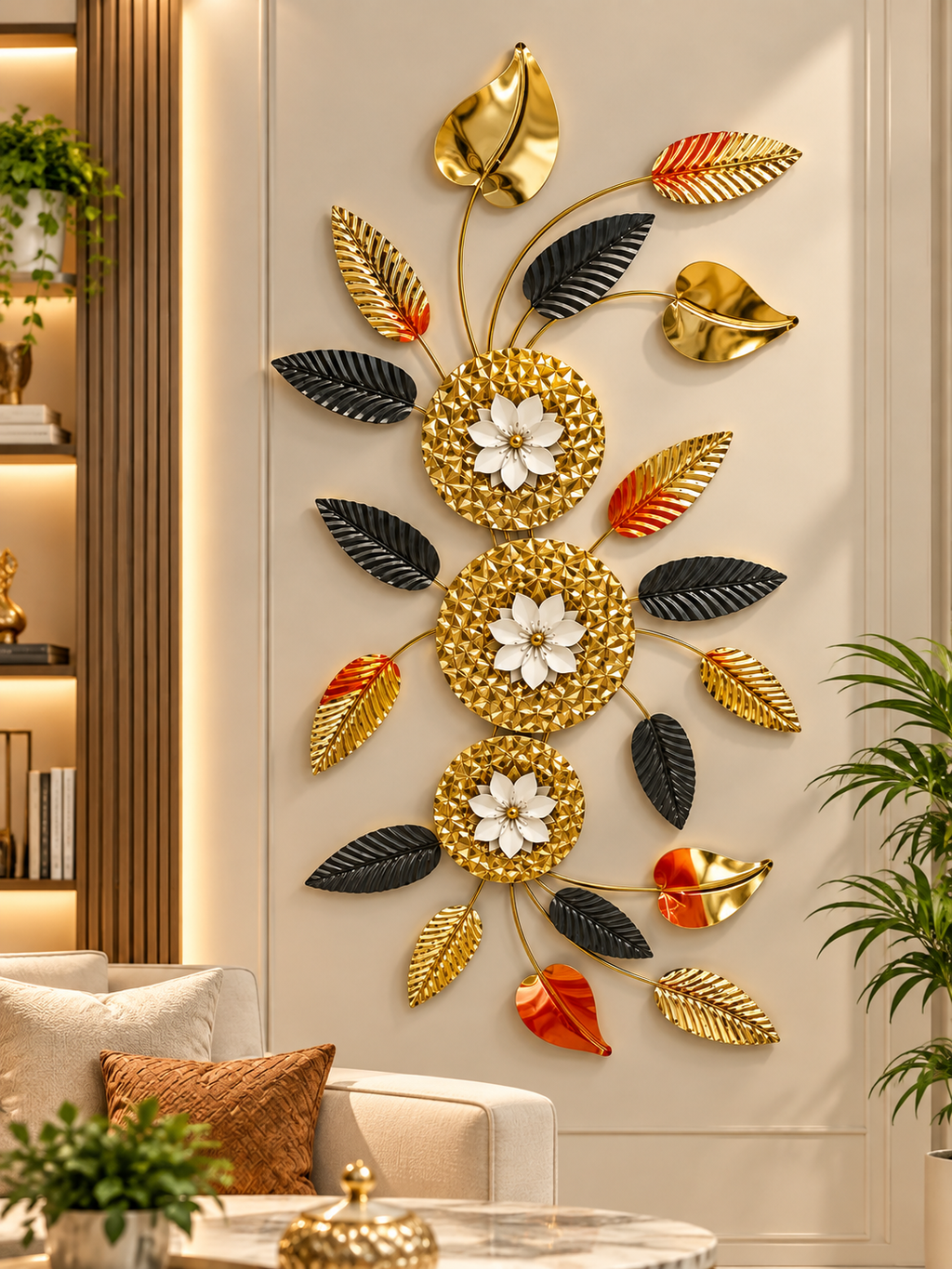 Luxury Gold, Black & White Floral Wall Art – Modern Decorative Metal Wall Décor