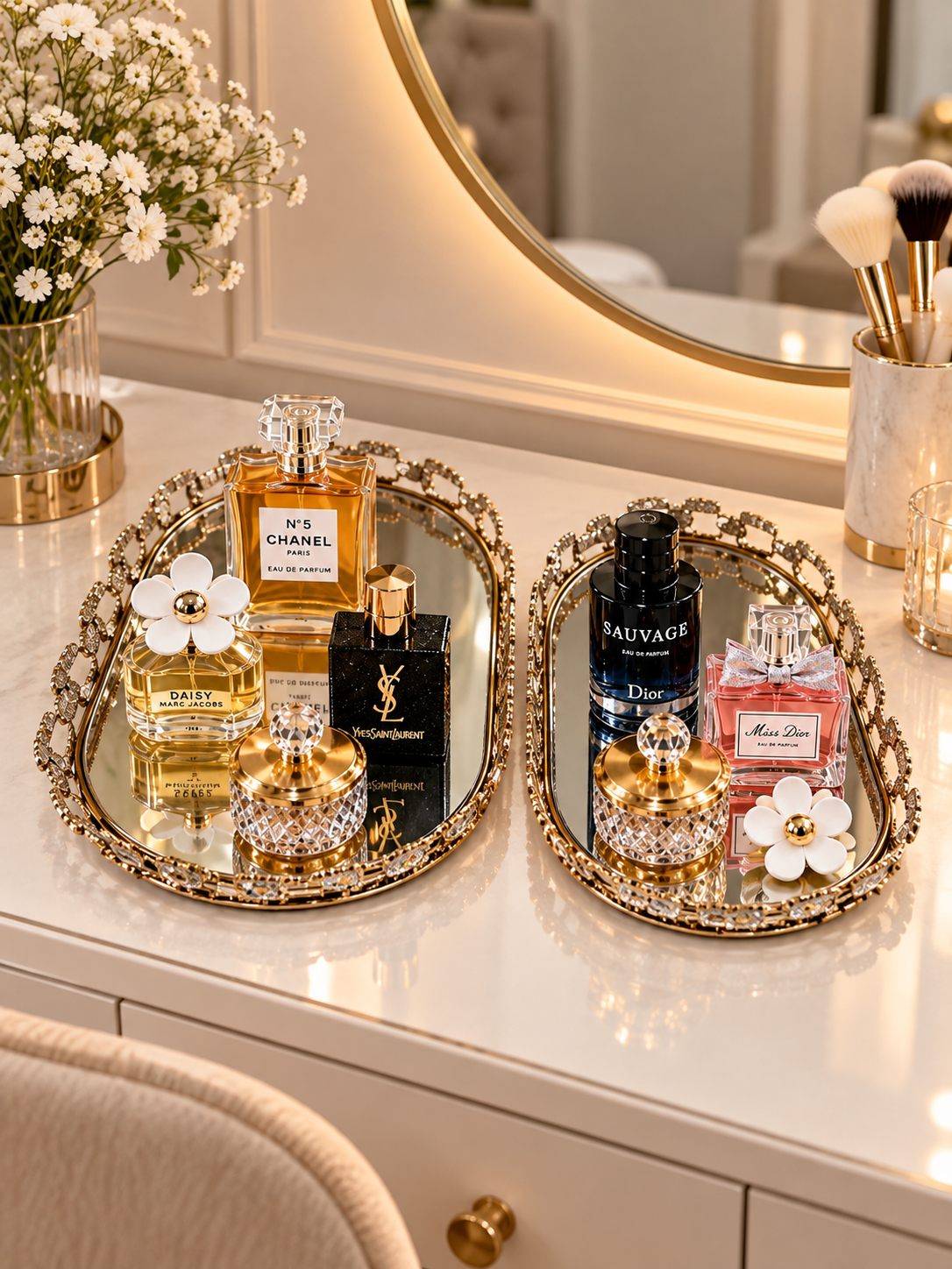Luxury Gold Chain-Link Mirrored Tray Set of 2 – Elegant Decorative Vanity & Serving Trays