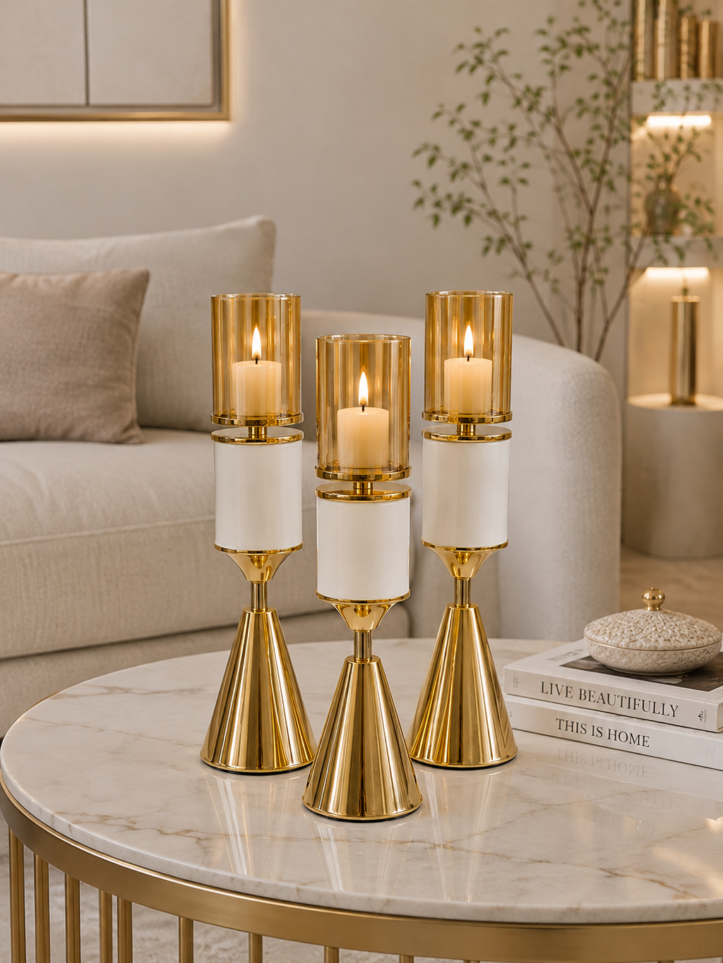 Luxury 3-Piece Gold & White Hurricane Candle Holder Set | Modern Metal & Glass Candle Stands | Elegant Table Centerpiece