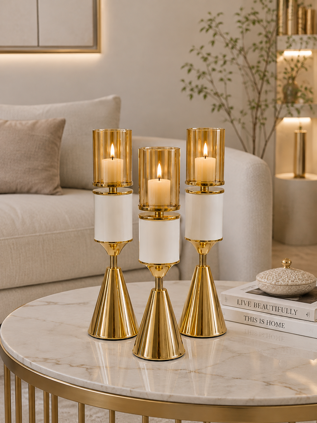 Luxury 3-Piece Gold & White Hurricane Candle Holder Set | Modern Metal & Glass Candle Stands | Elegant Table Centerpiece
