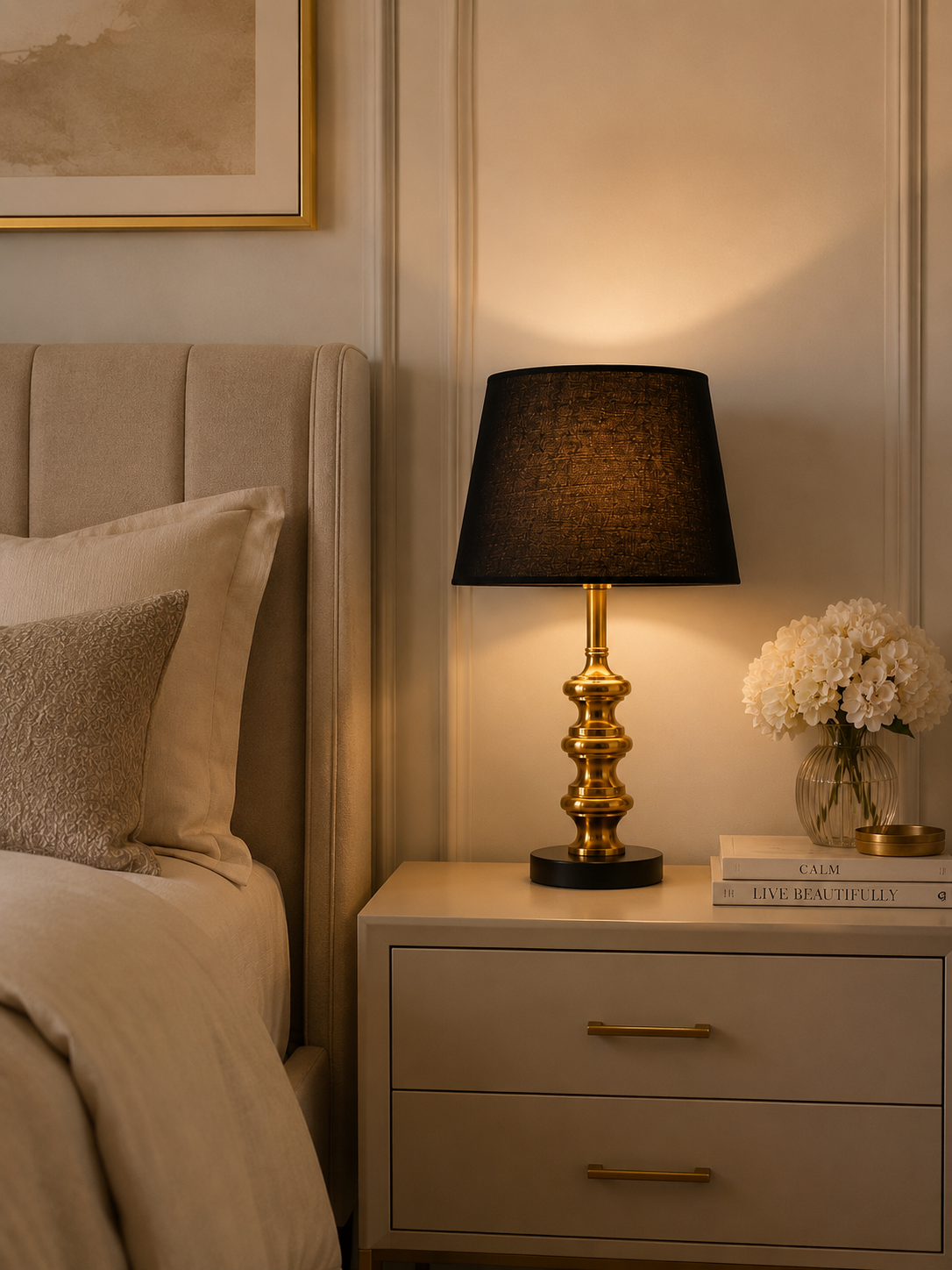 Luxury Gold Table Lamp with Black Fabric Shade (Pair) | Modern Bedside & Living Room Decorative Lamps