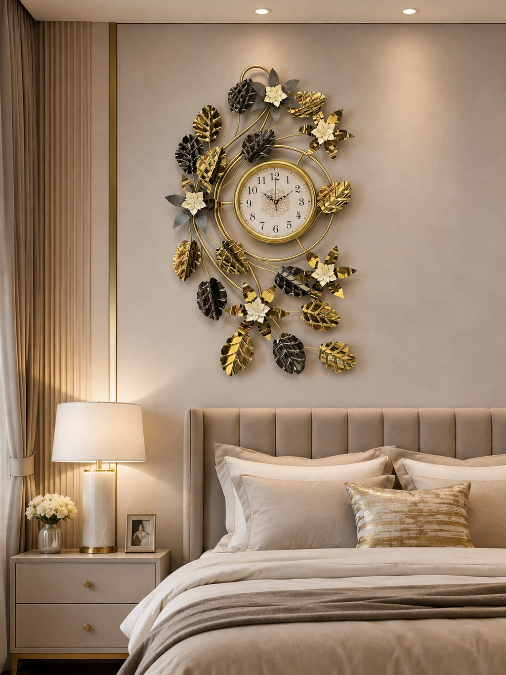 Luxury Golden & Black Floral Leaf Wall Clock – Decorative Metal Art Clock