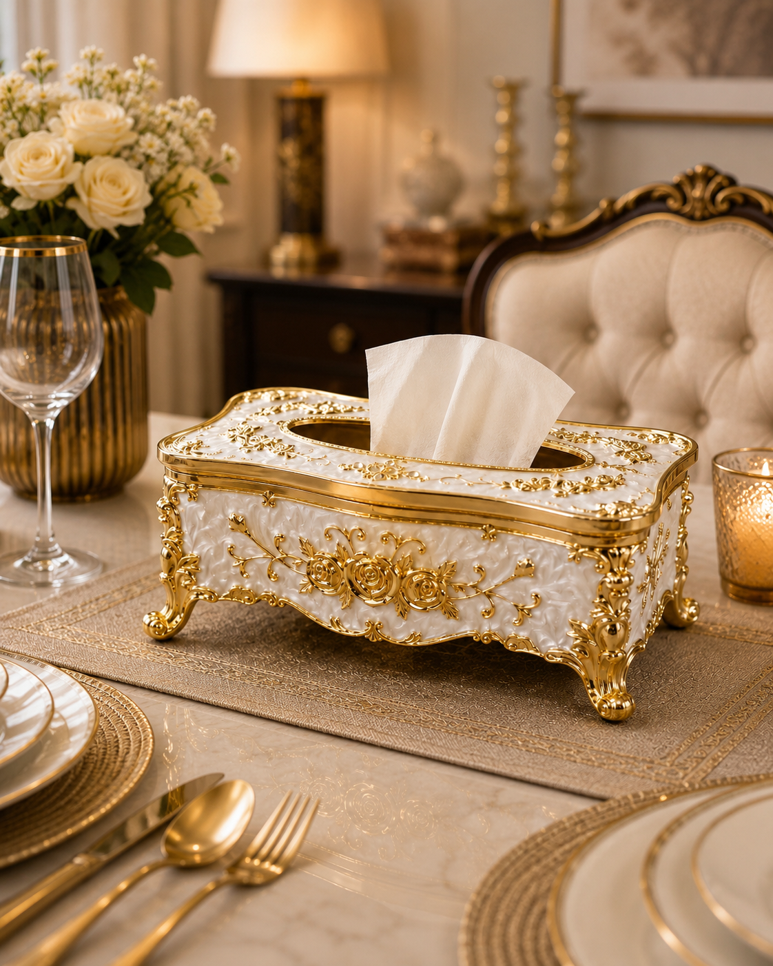 Luxury Vintage Metal Tissue Box Holder | European Floral Decorative Tissue Case.