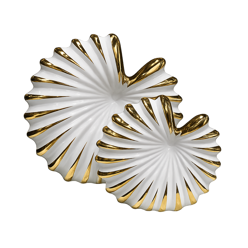 Luxury White & Gold Ceramic Leaf Decorative Tray Set – Modern Home Décor (Set of 2)