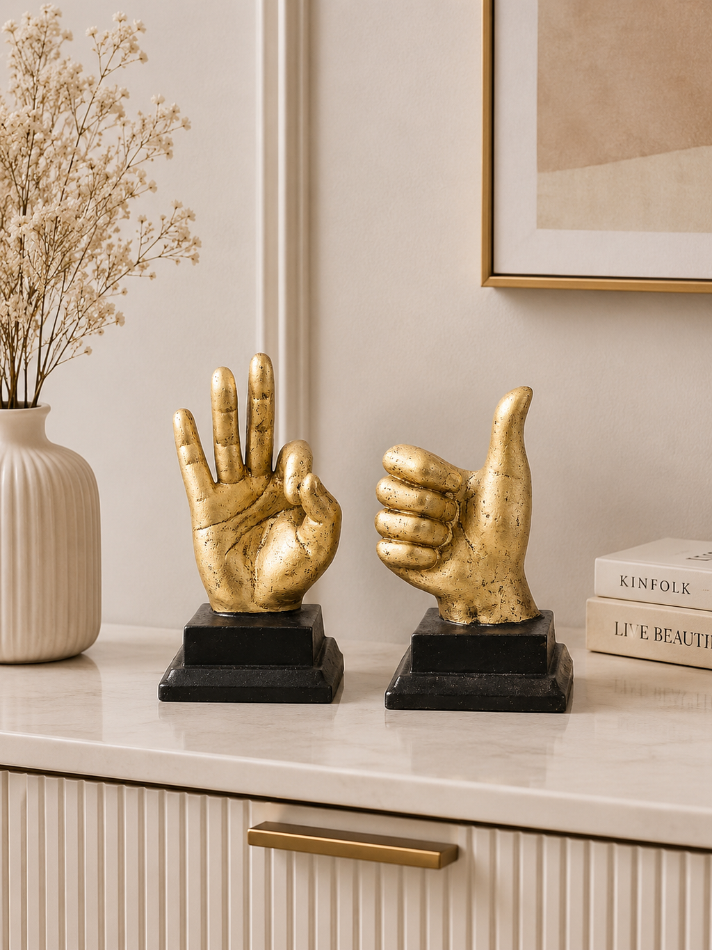 Modern Gold Hand Gesture Sculpture Set | Decorative Resin Hand Statues (Set of 2)