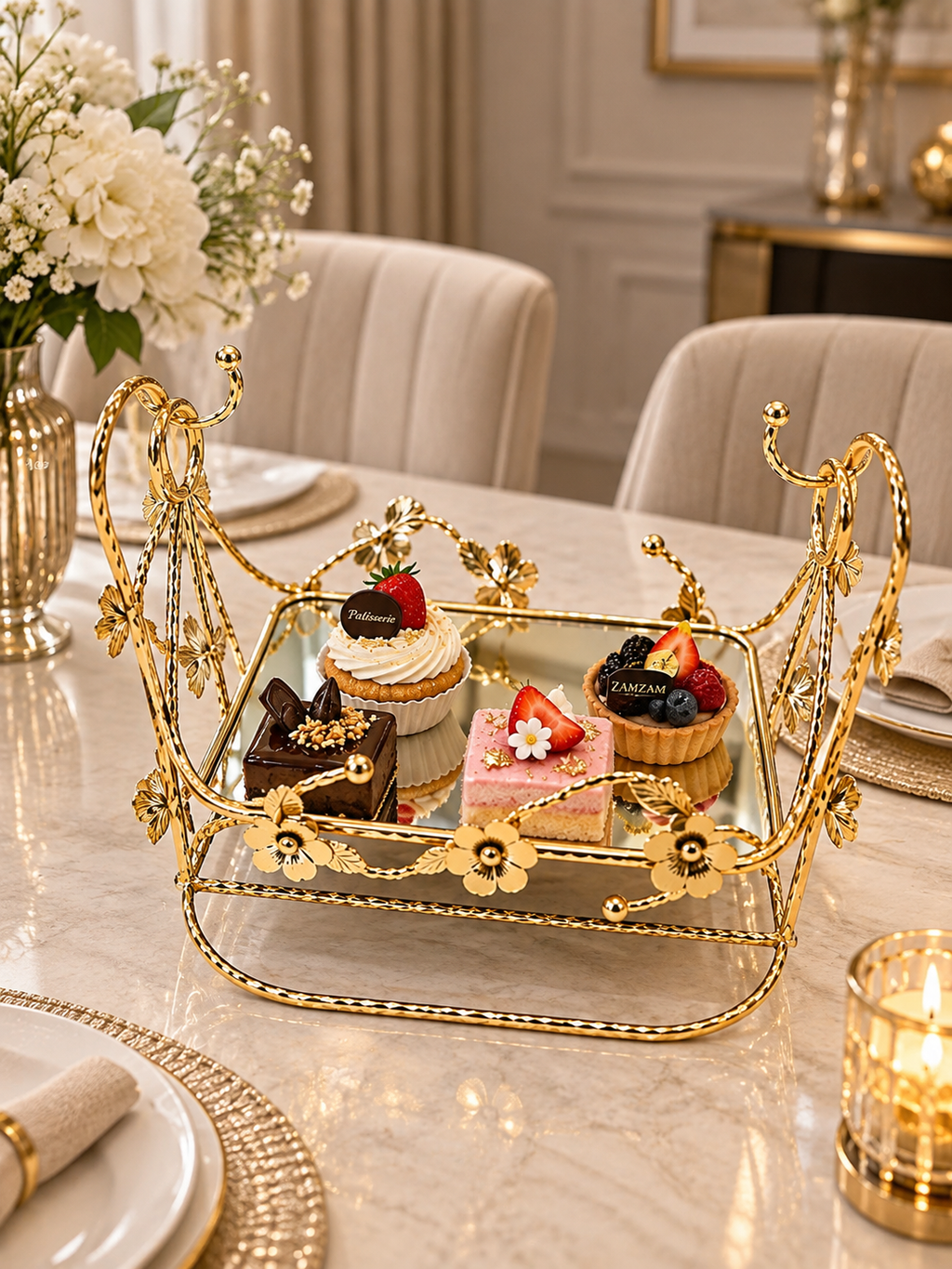 Luxury Gold Floral Mirrored Serving Tray with Decorative Handles