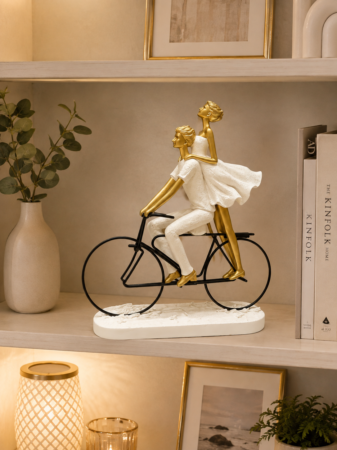 Elegant Couple Riding Bicycle Decorative Sculpture – Modern Gold & White Couple Figurine for Home Décor
