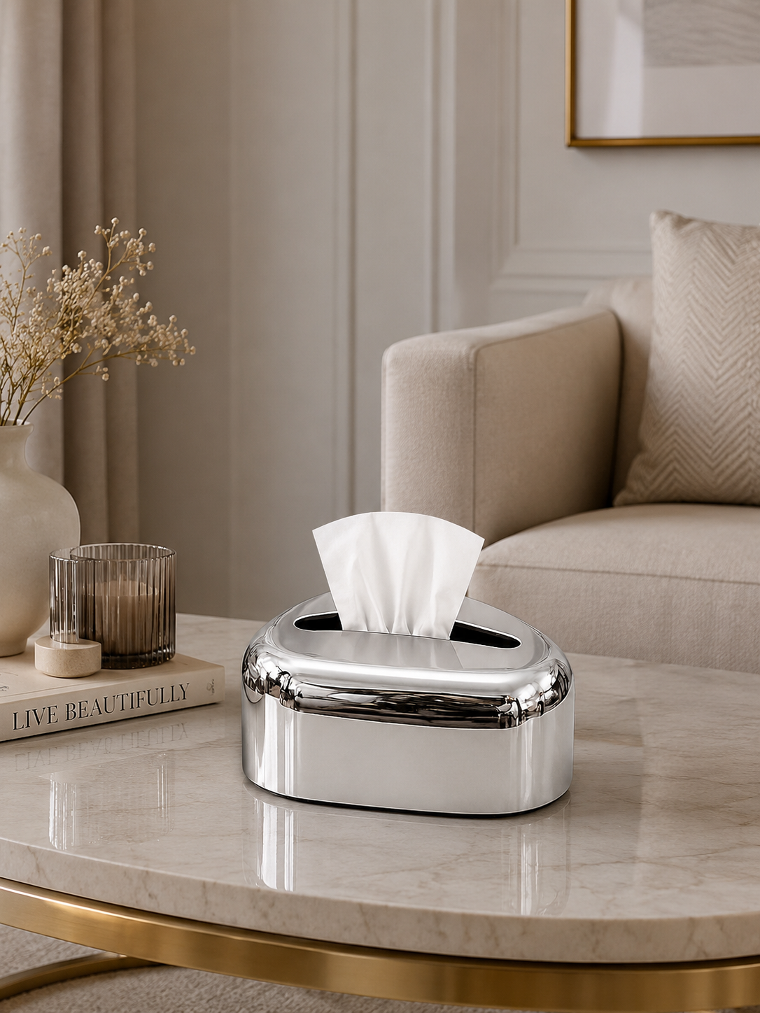 Modern Oval Metallic Tissue Box Holder | Luxury Decorative Tissue Case | Premium Plastic Tissue Organizer