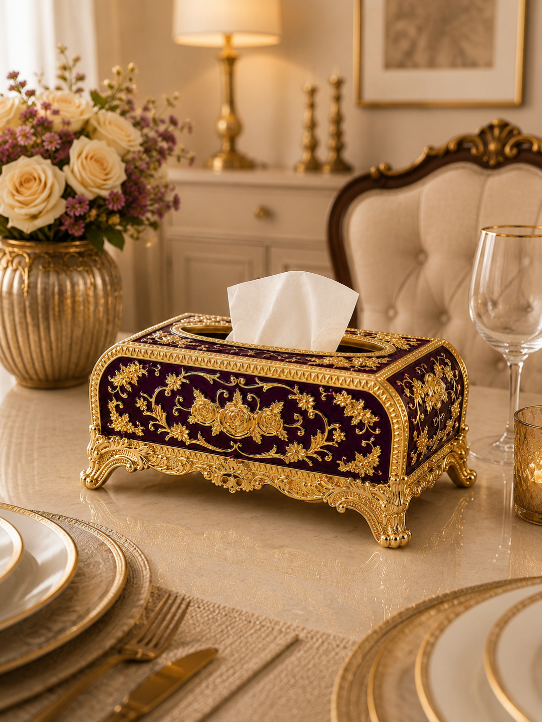 Luxury Vintage Metal Tissue Box Holder | European Floral Decorative Tissue Case
