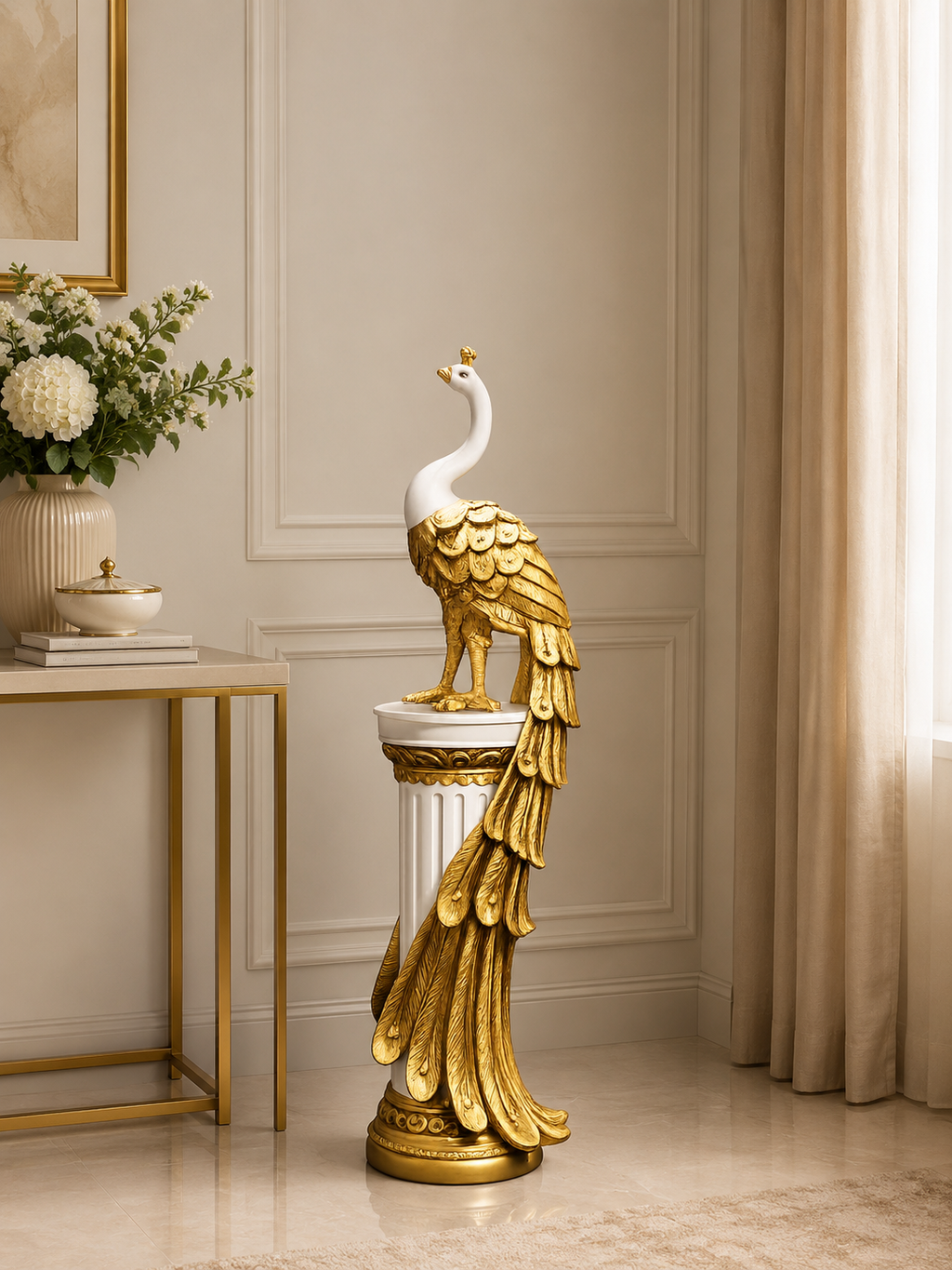 Luxury Peacock Floor Sculpture | Decorative Resin Peacock Statue on Pedestal | Premium Home & Hotel Floor Décor